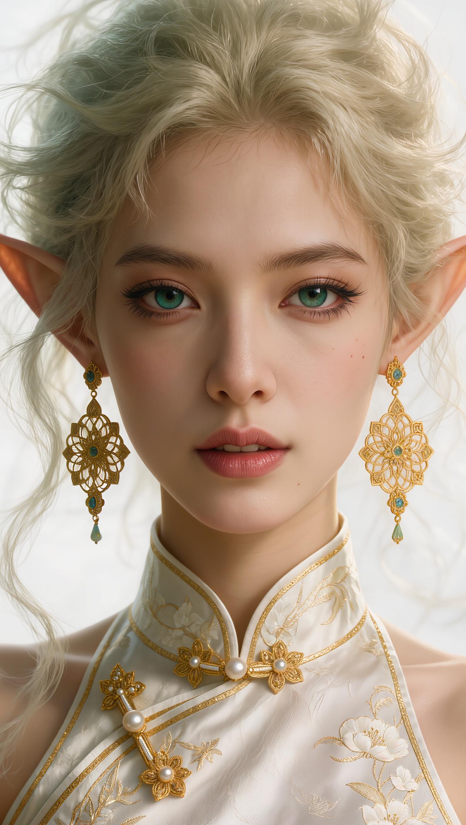 A highly detailed digital portrait of a stunning young elf woman with ethereal beauty, close-up head and shoulders composition centered perfectly on a seamless soft white background, messy tousled platinum blonde hair with loose waves and strands framing her face, large expressive almond-shaped emerald green eyes with intricate smoky eyeliner, long voluminous lashes, subtle pink blush on high cheekbones, full glossy pink lips slightly parted in a gentle expression, flawless porcelain skin with a soft luminous glow, prominent long pointed elf ears in warm reddish-orange hue peeking through hair, adorned with intricate dangling gold earrings featuring floral mandala designs and gem accents, wearing an elegant high-collared white silk cheongsam qipao with intricate gold embroidery of floral motifs, pearl buttons, and subtle sheen, soft diffused ethereal lighting from above and sides creating gentle highlights on hair, skin, and fabric with subtle rim light and subsurface scattering for a dreamy realistic effect, hyper-detailed textures on hair strands, skin pores, fabric folds, and jewelry, in the style of modern fantasy art by artists like Alphonse Mucha, Artgerm, and Sakimichan, ultra-high resolution, 8k, cinematic depth of field with sharp focus on face and soft bokeh on edges, vibrant yet soft color palette with warm golds, cool greens, and pastel tones.