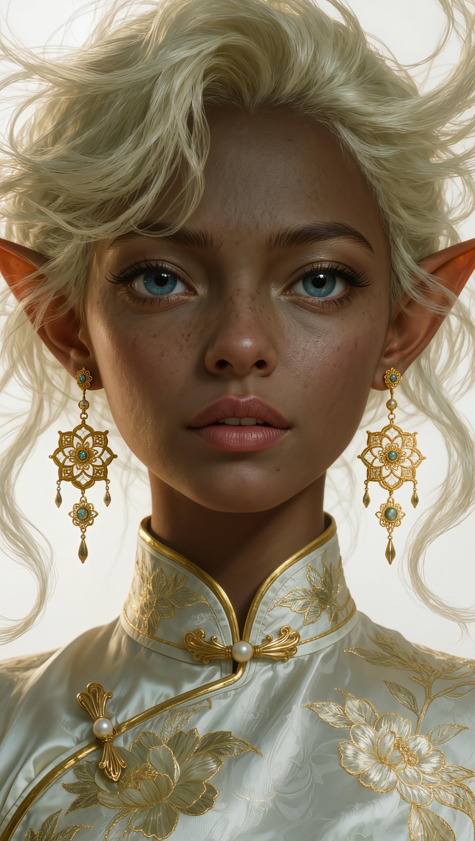 A highly detailed digital portrait of a stunning young elf woman with ethereal beauty, close-up head and shoulders composition centered perfectly on a seamless soft white background, messy tousled platinum blonde hair with loose waves and strands framing her face, large expressive almond-shaped blue eyes with intricate smoky eyeliner, long voluminous lashes, subtle pink blush on high cheekbones, full glossy pink lips slightly parted in a gentle expression, flawless dark tan skin with a soft luminous glow, prominent long pointed elf ears in warm reddish-orange hue peeking through hair, adorned with intricate dangling gold earrings featuring floral mandala designs and gem accents, wearing an elegant high-collared white silk cheongsam qipao with intricate gold embroidery of floral motifs, pearl buttons, and subtle sheen, soft diffused ethereal lighting from above and sides creating gentle highlights on hair, skin, and fabric with subtle rim light and subsurface scattering for a dreamy realistic effect, hyper-detailed textures on hair strands, skin pores, fabric folds, and jewelry, in the style of modern fantasy art by artists like Alphonse Mucha, Artgerm, and Sakimichan, ultra-high resolution, 8k, cinematic depth of field with sharp focus on face and soft bokeh on edges, vibrant yet soft color palette with warm golds, cool greens, and pastel tones.