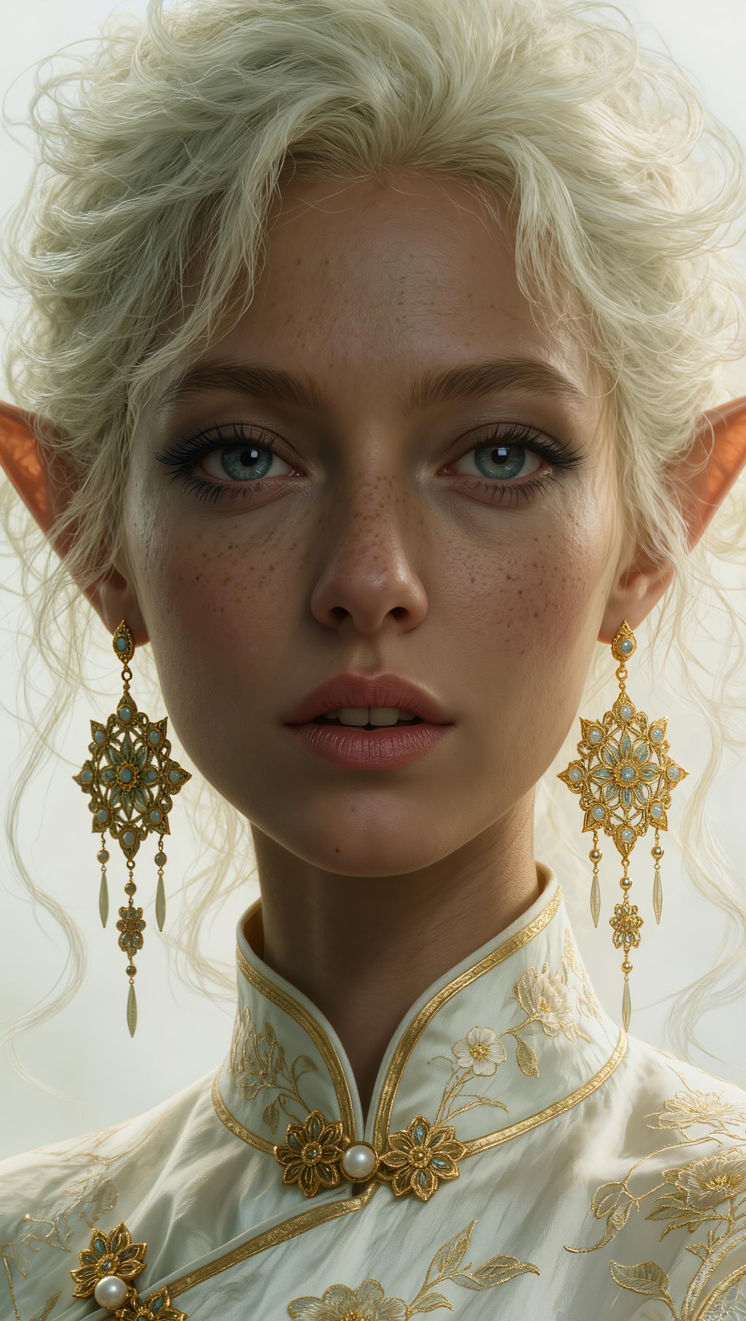 A highly detailed digital portrait of a stunning young elf woman with ethereal beauty, close-up head and shoulders composition centered perfectly on a seamless soft white background, messy tousled platinum blonde hair with loose waves and strands framing her face, large expressive almond-shaped blue eyes with intricate smoky eyeliner, long voluminous lashes, subtle pink blush on high cheekbones, full glossy pink lips slightly parted in a gentle expression, flawless dark tan skin with a soft luminous glow, prominent long pointed elf ears in warm reddish-orange hue peeking through hair, adorned with intricate dangling gold earrings featuring floral mandala designs and gem accents, wearing an elegant high-collared white silk cheongsam qipao with intricate gold embroidery of floral motifs, pearl buttons, and subtle sheen, soft diffused ethereal lighting from above and sides creating gentle highlights on hair, skin, and fabric with subtle rim light and subsurface scattering for a dreamy realistic effect, hyper-detailed textures on hair strands, skin pores, fabric folds, and jewelry, in the style of modern fantasy art by artists like Alphonse Mucha, Artgerm, and Sakimichan, ultra-high resolution, 8k, cinematic depth of field with sharp focus on face and soft bokeh on edges, vibrant yet soft color palette with warm golds, cool greens, and pastel tones.