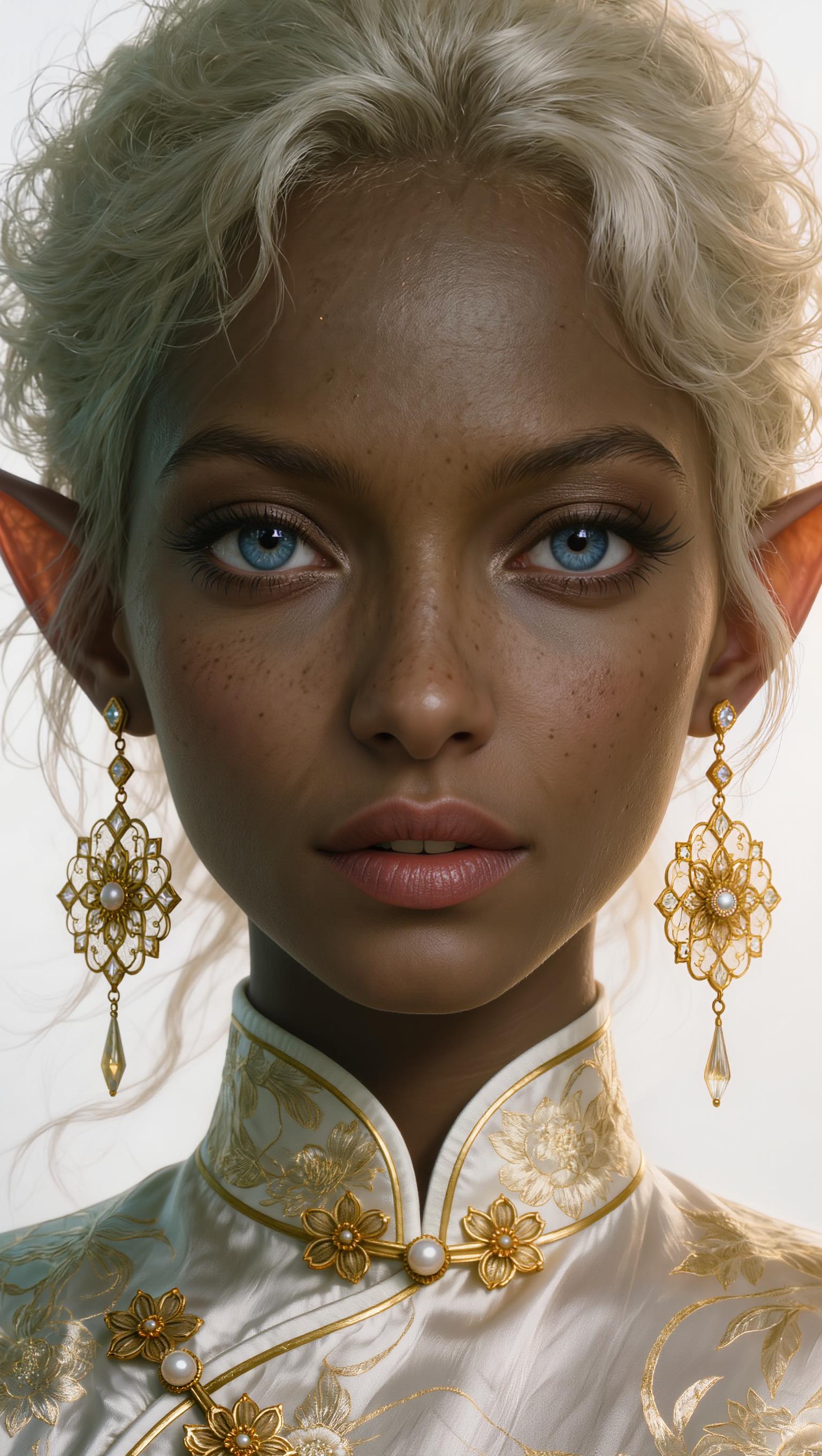 A highly detailed digital portrait of a stunning young elf woman with ethereal beauty, close-up head and shoulders composition centered perfectly on a seamless soft white background, messy tousled platinum blonde hair with loose waves and strands framing her face, large expressive almond-shaped blue eyes with intricate smoky eyeliner, long voluminous lashes, subtle pink blush on high cheekbones, full glossy pink lips slightly parted in a gentle expression, flawless dark tan skin with a soft luminous glow, prominent long pointed elf ears in warm reddish-orange hue peeking through hair, adorned with intricate dangling gold earrings featuring floral mandala designs and gem accents, wearing an elegant high-collared white silk cheongsam qipao with intricate gold embroidery of floral motifs, pearl buttons, and subtle sheen, soft diffused ethereal lighting from above and sides creating gentle highlights on hair, skin, and fabric with subtle rim light and subsurface scattering for a dreamy realistic effect, hyper-detailed textures on hair strands, skin pores, fabric folds, and jewelry, in the style of modern fantasy art by artists like Alphonse Mucha, Artgerm, and Sakimichan, ultra-high resolution, 8k, cinematic depth of field with sharp focus on face and soft bokeh on edges, vibrant yet soft color palette with warm golds, cool greens, and pastel tones.