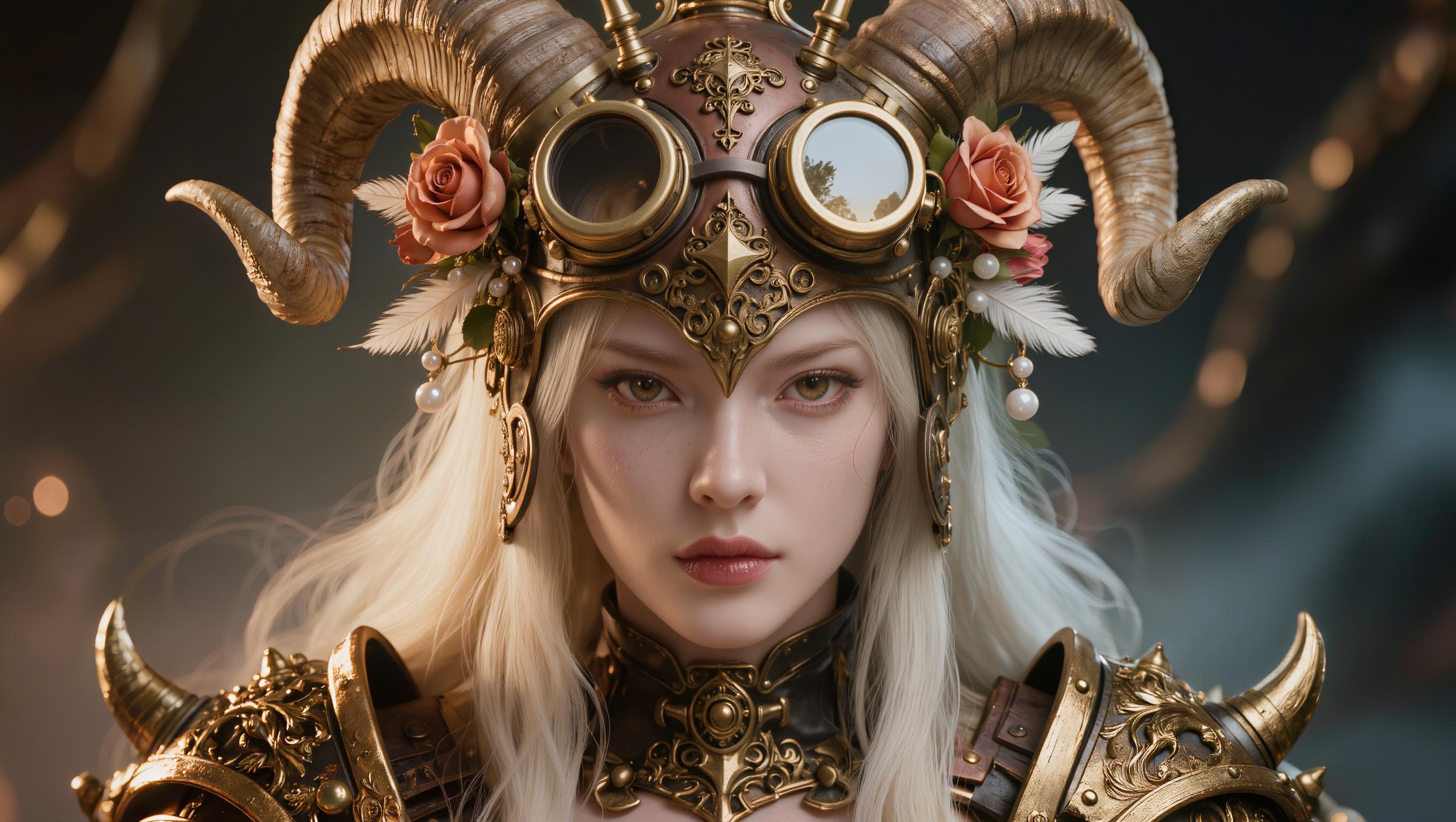 A highly detailed close-up portrait of a fierce female warrior in steampunk cyberpunk style, intricate golden headdress adorned with curved ram horns, clusters of pink and orange roses, white feathers, pearl beads, and elaborate brass filigree metalwork cascading down her forehead and temples, large round steampunk goggles with multi-layered brass frames and reflective tinted lenses showing faint environmental reflections, piercing gaze partially obscured, flawless porcelain skin with subtle golden highlights, full parted lips in a subtle pout, long flowing platinum blonde hair with loose strands framing her face, ornate shoulder pauldrons and neck guard in aged gold metal with baroque engravings and rivets, dramatic cinematic lighting with warm golden rim light and soft volumetric god rays, misty dark ethereal background with subtle fog and metallic glints, hyper-realistic CGI render, ultra-detailed textures, 8k resolution, sharp focus, intricate details, in the style of Boris Vallejo and Steampunk masters, high dynamic range, photorealistic.