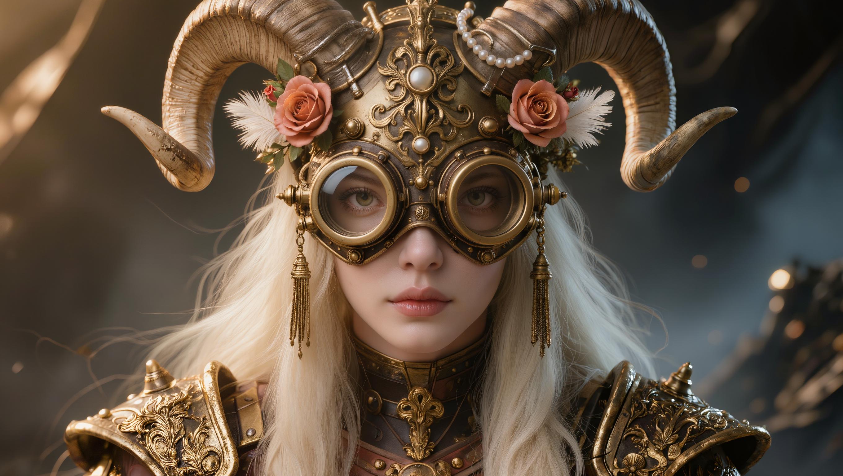 A highly detailed close-up portrait of a fierce female warrior in steampunk cyberpunk style, intricate golden headdress adorned with curved ram horns, clusters of pink and orange roses, white feathers, pearl beads, and elaborate brass filigree metalwork cascading down her forehead and temples, large round steampunk goggles with multi-layered brass frames and reflective tinted lenses showing faint environmental reflections, piercing gaze partially obscured, flawless porcelain skin with subtle golden highlights, full parted lips in a subtle pout, long flowing platinum blonde hair with loose strands framing her face, ornate shoulder pauldrons and neck guard in aged gold metal with baroque engravings and rivets, dramatic cinematic lighting with warm golden rim light and soft volumetric god rays, misty dark ethereal background with subtle fog and metallic glints, hyper-realistic CGI render, ultra-detailed textures, 8k resolution, sharp focus, intricate details, in the style of Boris Vallejo and Steampunk masters, high dynamic range, photorealistic.