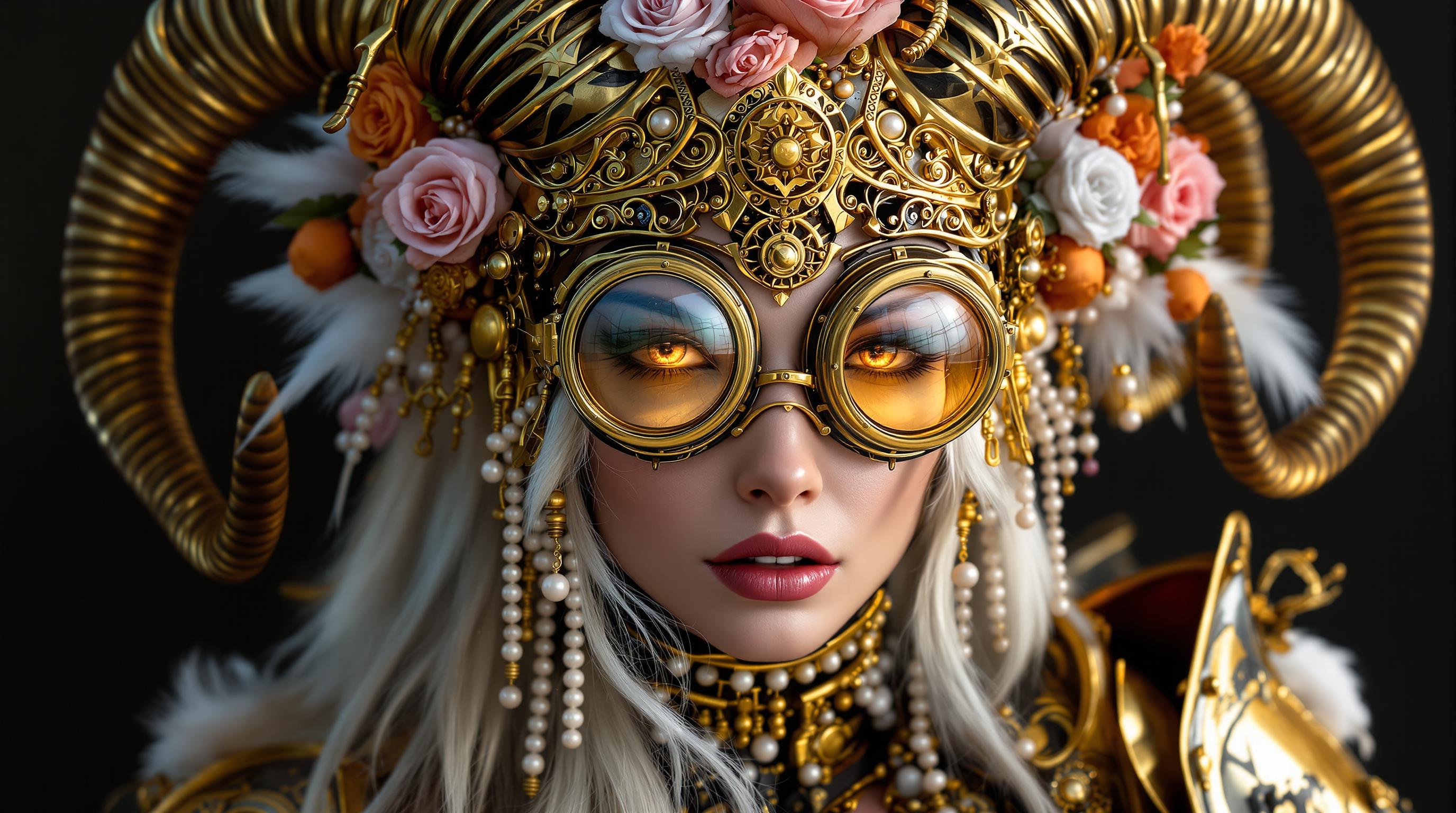 A highly detailed close-up portrait of a fierce female warrior in steampunk cyberpunk style, intricate golden headdress adorned with curved ram horns, clusters of pink and orange roses, white feathers, pearl beads, and elaborate brass filigree metalwork cascading down her forehead and temples, large round steampunk goggles with multi-layered brass frames and reflective tinted lenses showing faint environmental reflections, piercing gaze partially obscured, flawless porcelain skin with subtle golden highlights, full parted lips in a subtle pout, long flowing platinum blonde hair with loose strands framing her face, ornate shoulder pauldrons and neck guard in aged gold metal with baroque engravings and rivets, dramatic cinematic lighting with warm golden rim light and soft volumetric god rays, misty dark ethereal background with subtle fog and metallic glints, hyper-realistic CGI render, ultra-detailed textures, 8k resolution, sharp focus, intricate details, in the style of Boris Vallejo and Steampunk masters, high dynamic range, photorealistic.