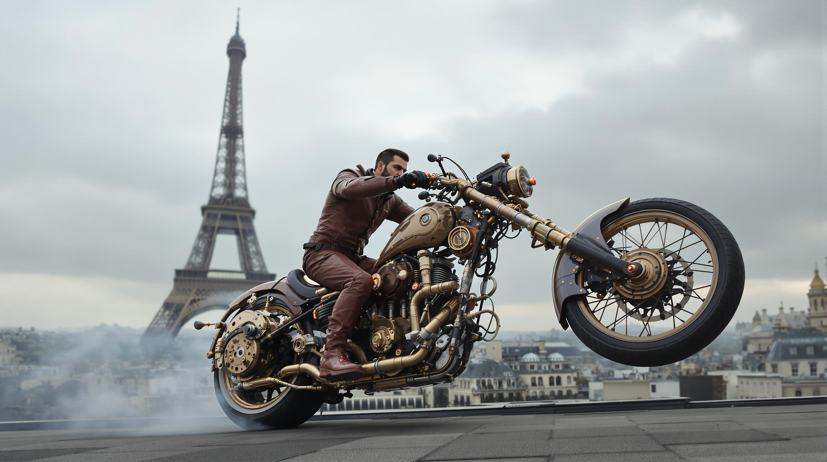 A highly detailed cinematic scene of a rugged, intense man with short dark hair, prominent mustache and goatee, piercing eyes, riding a massive steampunk motorcycle in a dynamic action pose. He wears a form-fitting reddish-brown leather steampunk suit with intricate brass gears, buckles, straps, high collar, gloves, and heavy boots, gripping oversized brass handlebars. The motorcycle is an elaborate retro-futuristic machine with polished copper and bronze plating, exposed gears, pistons, steam valves, large spoked wheels with thick rubber tires, multiple exhaust pipes venting steam, riveted panels, and glowing mechanical accents, hovering slightly above the ground on a rooftop edge.

Background: Iconic Eiffel Tower looming prominently in the distance under a moody, overcast gray sky with subtle dramatic lighting. Parisian cityscape with Haussmann-style buildings, rooftops, and faint mist. Composition: Wide-angle shot from a low three-quarter angle emphasizing speed and power, shallow depth of field blurring the horizon, high contrast shadows, volumetric god rays piercing clouds, photorealistic style inspired by Mad Max: Fury Road and Blade Runner, ultra-detailed textures on leather, metal patina, rust, and engravings, 8K resolution, epic atmosphere.