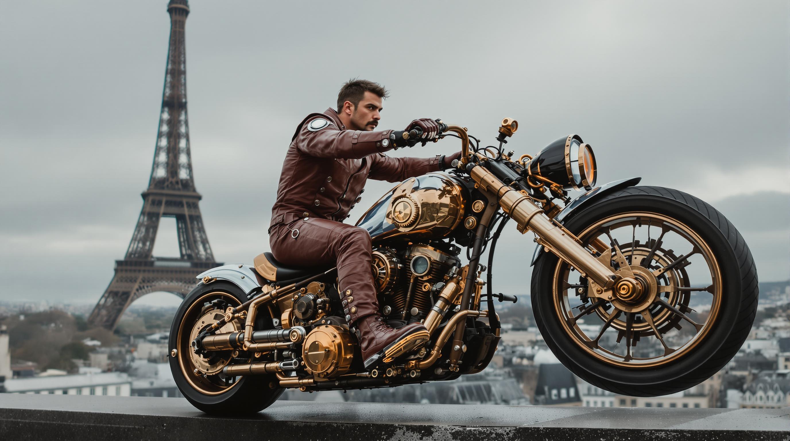 A highly detailed cinematic scene of a rugged, intense man with short dark hair, prominent mustache and goatee, piercing eyes, riding a massive steampunk motorcycle in a dynamic action pose. He wears a form-fitting reddish-brown leather steampunk suit with intricate brass gears, buckles, straps, high collar, gloves, and heavy boots, gripping oversized brass handlebars. The motorcycle is an elaborate retro-futuristic machine with polished copper and bronze plating, exposed gears, pistons, steam valves, large spoked wheels with thick rubber tires, multiple exhaust pipes venting steam, riveted panels, and glowing mechanical accents, hovering slightly above the ground on a rooftop edge.

Background: Iconic Eiffel Tower looming prominently in the distance under a moody, overcast gray sky with subtle dramatic lighting. Parisian cityscape with Haussmann-style buildings, rooftops, and faint mist. Composition: Wide-angle shot from a low three-quarter angle emphasizing speed and power, shallow depth of field blurring the horizon, high contrast shadows, volumetric god rays piercing clouds, photorealistic style inspired by Mad Max: Fury Road and Blade Runner, ultra-detailed textures on leather, metal patina, rust, and engravings, 8K resolution, epic atmosphere.