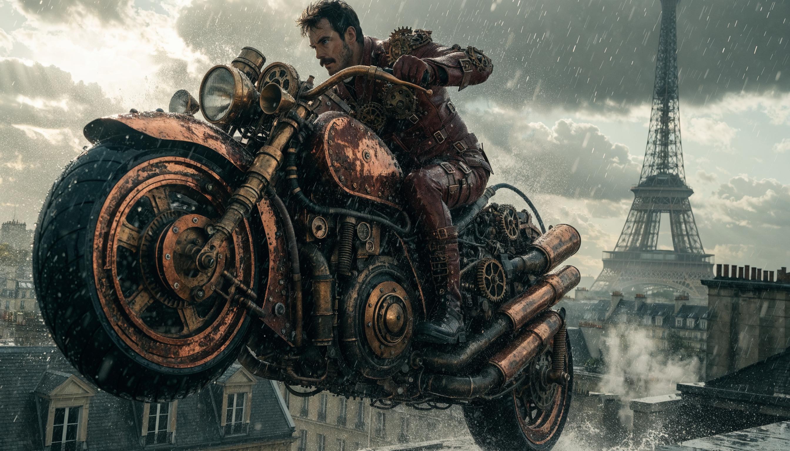 A highly detailed cinematic scene of a rugged, intense man with short dark hair, prominent mustache and goatee, piercing eyes, riding a massive steampunk motorcycle in a dynamic action pose. He wears a form-fitting reddish-brown leather steampunk suit with intricate brass gears, buckles, straps, high collar, gloves, and heavy boots, gripping oversized brass handlebars. The motorcycle is an elaborate retro-futuristic machine with polished copper and bronze plating, exposed gears, pistons, steam valves, large spoked wheels with thick rubber tires, multiple exhaust pipes venting steam, riveted panels, and glowing mechanical accents, hovering slightly above the ground on a rooftop edge.

Background: Iconic Eiffel Tower looming prominently in the distance under a moody, overcast gray sky with subtle dramatic lighting. Parisian cityscape with Haussmann-style buildings, rooftops, and faint mist. Composition: Wide-angle shot from a low three-quarter angle emphasizing speed and power, shallow depth of field blurring the horizon, high contrast shadows, volumetric god rays piercing clouds, photorealistic style inspired by Mad Max: Fury Road and Blade Runner, ultra-detailed textures on leather, metal patina, rust, and engravings, 8K resolution, epic atmosphere.