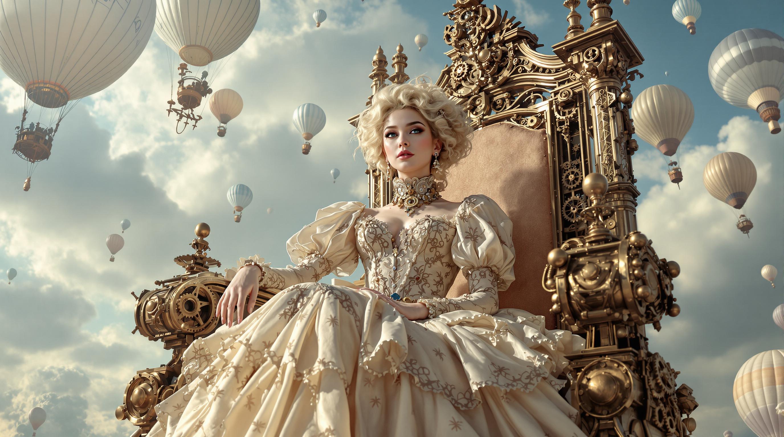 A majestic young woman with voluminous blonde curls cascading around her face, pale porcelain skin, piercing blue eyes, and subtle freckles, dressed in an opulent Victorian steampunk gown of cream lace, intricate embroidery, high ruffled collar, puffed sleeves, and layers of flowing peach-tinted tulle skirts adorned with brass filigree and gears, seated regally on a colossal ornate mechanical throne-chair forged from weathered brass, copper rivets, exposed gears, steam pipes, and plush velvet cushions, with massive interlocking cogwheels and pistons flanking her sides, evoking imperial command.

Dramatic wide-angle composition centering the figure against a vast ethereal sky filled with billowing cumulus clouds in soft blues and grays, dotted with numerous antique hot-air balloons in woven wicker and canvas with dangling gondolas, and surreal floating steampunk airships featuring propellers, dirigibles, and biomechanical hulls in earthy tones of rust, gold, and wood.

Cinematic lighting with diffused golden hour sunlight filtering through clouds, casting gentle rim lights on her hair and dress, subtle volumetric god rays piercing the atmosphere, soft shadows enhancing the intricate metallic textures and fabric folds, high dynamic range for depth.

Hyper-detailed digital painting in the style of steampunk fantasy masters like Jake Parker and Brian Kesinger, ultra-realistic textures on brass patina, lace delicacy, cloud wisps, and mechanical engravings, intricate ornamental details, atmospheric perspective with distant airships fading into mist, epic scale, 8K resolution, masterpiece, award-winning concept art.
