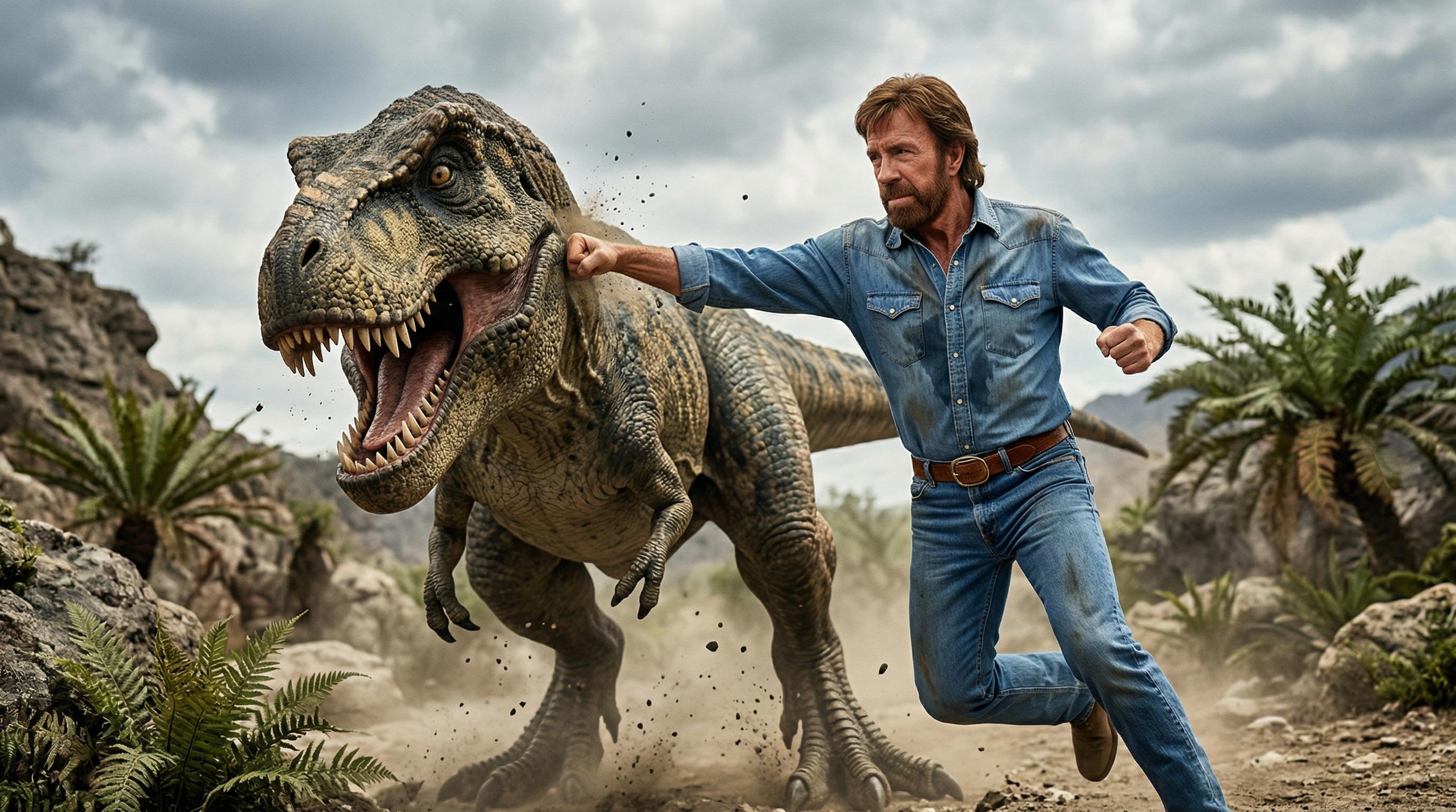 chuck norris punching a dinosaur in the face
