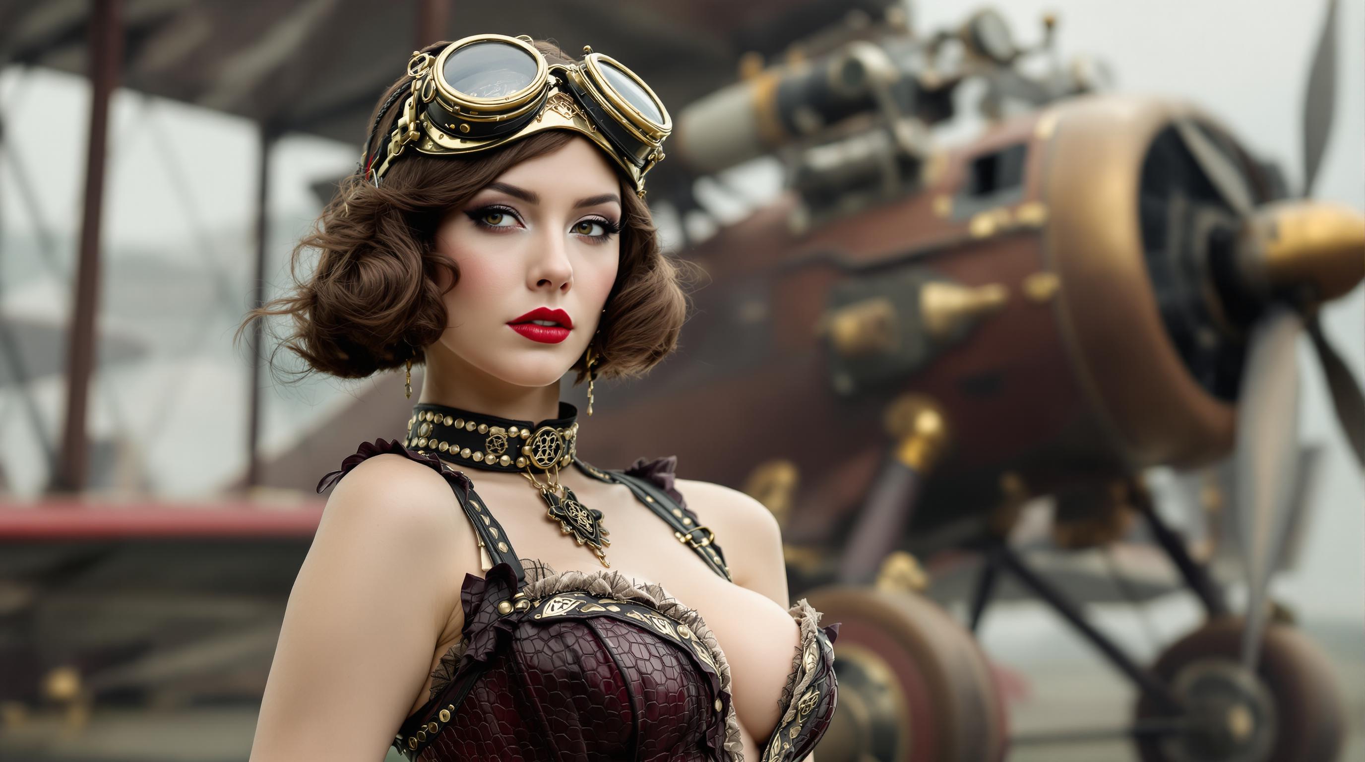 A cinematic close-up portrait of a striking young woman with pale porcelain skin, sharp angular features, large expressive dark almond-shaped eyes with subtle smoky eyeliner, full deep crimson lips slightly parted, and voluminous shoulder-length wavy brunette bob haircut with soft curls framing her face, evoking 1920s glamour in a steampunk style. She wears a luxurious form-fitting burgundy-brown leather corset bodysuit with intricate embossed reptilian-scale patterns, braided metallic shoulder straps, plunging V-neckline revealing subtle cleavage, and a high dramatic ruffled lace collar adorned with brass filigree. Around her neck hangs oversized antique brass steampunk goggles with multiple oversized convex glass lenses, engraved Celtic knot designs, and leather straps. She stands confidently with shoulders squared, gazing intensely at the viewer.

Blurry atmospheric background features a massive retro-futuristic steampunk biplane dominating the right side, with crimson fabric-covered wings, enormous brass propellers with red-tinted blades in motion blur, golden riveted engine housings, exposed gears, and red spire-like tail fin, positioned on a dimly lit foggy runway. Surrounding scene includes gothic Parisian-style rooftops and smokestacks shrouded in volumetric mist under a stormy overcast sky at dusk, with warm yellow glows from aircraft landing lights piercing the gloom. High-contrast dramatic lighting with deep shadows, rim light on her hair and shoulders, subtle lens flare, desaturated cool tones with pops of warm brass, red, and gold. Photorealistic, ultra-detailed textures on leather, metal, and fabrics, cinematic depth of field, shallow focus on face, epic movie poster composition, 8K, HDR, by Greg Rutkowski and Alphonse Mucha.