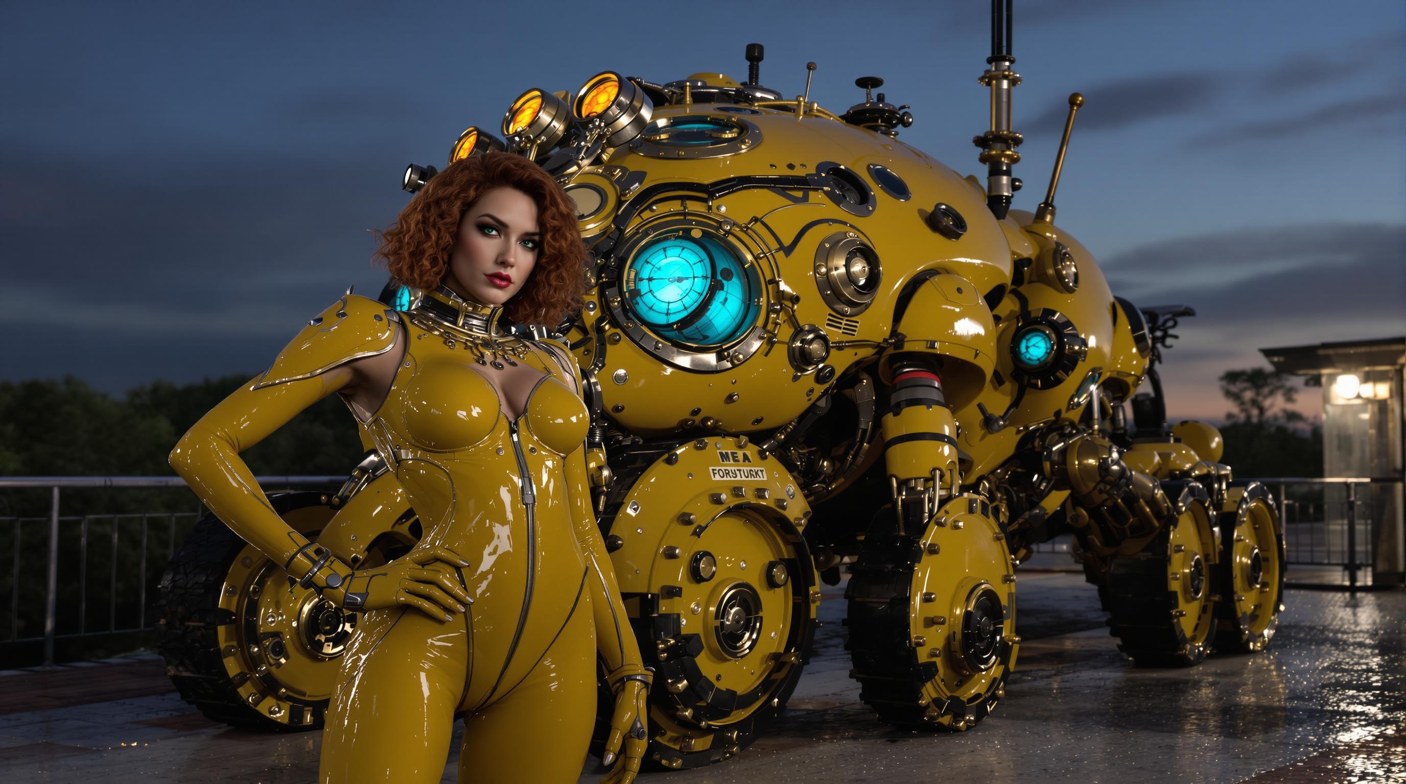 A highly detailed cinematic CGI render of a fierce young woman with shoulder-length curly auburn hair, sharp green eyes, full lips in a subtle pout, and confident expression, standing boldly on an elevated outdoor platform at dusk. She wears a form-fitting glossy yellow latex bodysuit with steampunk accents: high metallic collar, riveted shoulder pauldrons, intricate gold filigree engravings, mesh panels over the bust and hips, zipper front, armored gloves with mechanical joints, and thigh-high boots, emphasizing her athletic hourglass figure with shiny wet reflections and subtle sheen. She poses dynamically with one hand on her hip, the other relaxed, next to a massive retro-futuristic yellow submersible car resembling a biomechanical beetle or armored beetle tank, bulbous and riveted with brass portholes, analog gauges, spinning dials, exposed pistons, multiple dome turrets, large tinted blue windshield eyes, top antenna fin, and oversized knobby wheels/treads on the right side, parked at a slight angle with dramatic volumetric god rays highlighting its tarnished gold patina and intricate steampunk machinery.

Background features a moody overcast stormy sky with dark gray clouds, a blurred distant crowd of elegantly dressed people in suits and coats walking on a pier-like platform, and an ornate Eastern European-style red-roofed tower spire with arched windows emerging from fog-shrouded hills. Composition is wide-angle cinematic shot from low angle, shallow depth of field focusing sharply on woman and vehicle, bokeh lights on edges, high dynamic range lighting with golden hour rim light, deep shadows, lens flares, and subtle chromatic aberration. Art style: hyper-realistic photoreal CGI like a still from a cyberpunk blockbuster film such as Alita Battle Angel or Blade Runner 2049, octane render, ultra-detailed textures, 8K resolution, dramatic contrast, warm mustard-yellow and brass tones dominant against cool blue-gray atmosphere.