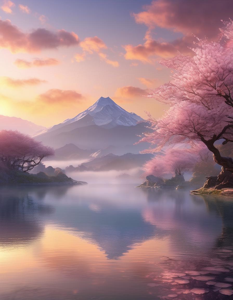 Epic fantasy landscape at sunrise: misty mountains, crystal clear lake reflecting the sky, ancient cherry blossom trees in bloom, soft golden light, volumetric fog, highly detailed, cinematic composition, peaceful atmosphere, masterpiece, best quality, 8k resolution