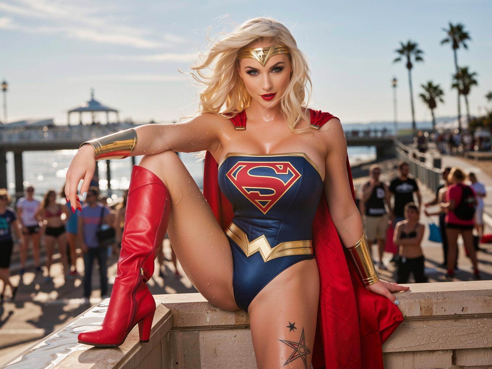 Supergirl reimagined as a sun-drenched exhibitionist swimsuit pinup, foreground hero shot of a statuesque Kryptonian bombshell in a high-cut competition-style one-piece in cobalt spandex with metallic gold \"S\" shield emblazoned across an impossibly deep plunging neckline, French-cut leg openings carved up past the hipbones, sheer wet-look fabric clinging to every contour, gold belt cinching a wasp waist, miniature red cape fluttering off her shoulders, knee-high red patent vinyl boots with gold trim, platinum-blonde voluminous Hollywood waves tousled by ocean breeze, smoky cobalt eye makeup, glossy red lips parted, delicate kryptonite-crystal nipple barbells faintly visible through translucent wet fabric, small star tattoo on inner thigh, gold hoop navel piercing, posed shamelessly on a crowded boardwalk railing with one boot up on the rail, hips canted, chest thrust forward, mischievous smirk acknowledging gawking onlookers in soft-focus background, Santa Monica pier and palm silhouettes blurred behind, golden hour rim-light catching wet fabric and tousled hair, lens flare across the shield, shallow depth of field bokeh, shot on 85mm anamorphic, cinematic Baywatch-meets-superhero editorial styling, Annie Leibovitz-style glamour lighting, saturated Kodak Portra color grade, sweat-sheen on tanned skin, beads of seawater along collarbones, low-angle composition emphasizing towering heroic proportions.