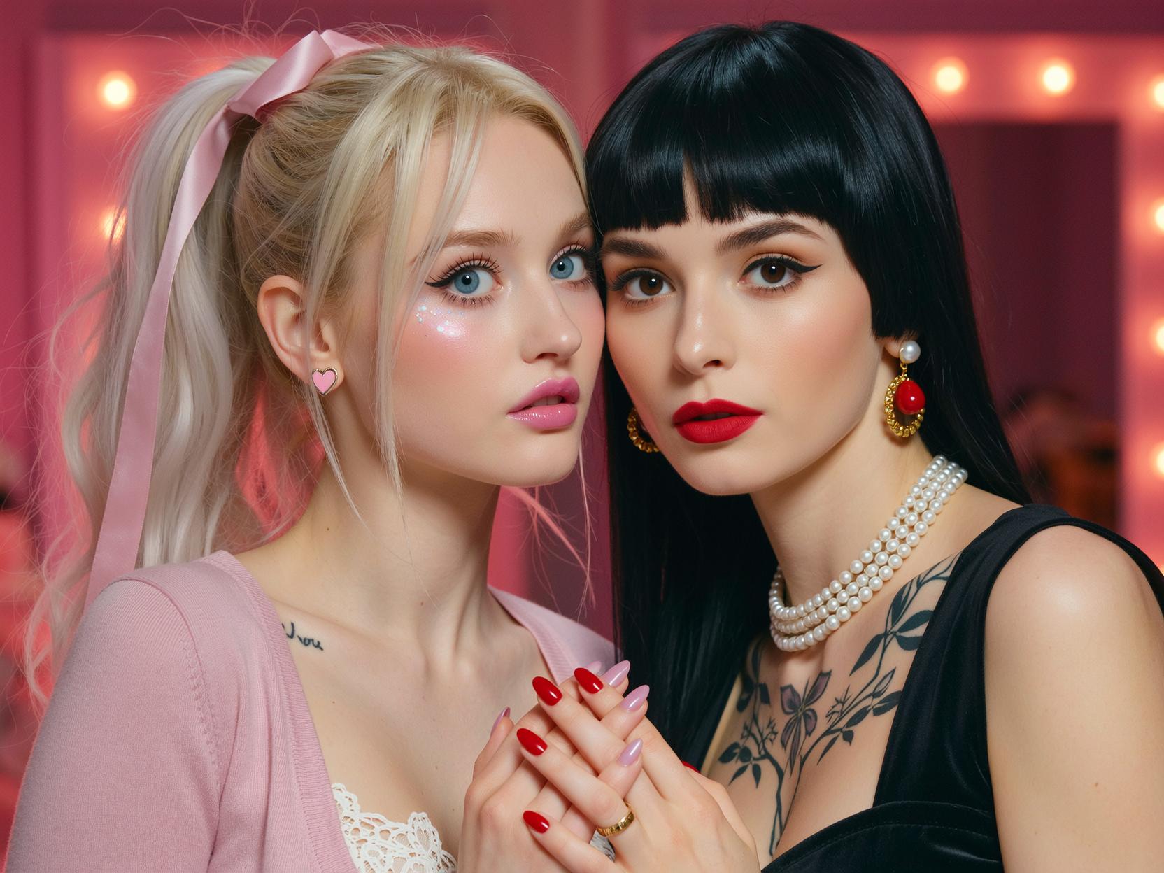 Cinematic two-shot portrait, intimate over-the-shoulder framing with shallow depth of field at 85mm, locked on a blonde and a raven-haired bombshell pressed cheek-to-cheek; foreground left, the ultra-feminine Betty archetype — high platinum ponytail tied with a baby-pink silk ribbon, doll-glass blue eyes with feathered lower lashes, glossy bubblegum lip lacquer, peaches-and-cream skin dusted with iridescent highlighter across impossibly sculpted cheekbones, a tiny pink heart enamel stud at her ear, soft pastel cashmere cropped cardigan unbuttoned low over a cream lace balconette, exaggerated hourglass silhouette, a single beauty mark beside her collarbone; foreground right, the Veronica archetype — jet-black blunt-cut hair with razor-sharp curtain bangs, smoky kohl-rimmed obsidian eyes, oxblood matte lipstick, porcelain skin, a triple-strand south-sea pearl choker biting into her throat, ruby teardrop earrings, black silk slip dress with plunging cowl neckline, delicate rose-thorn tattoo curling along her sternum, septum hoop in brushed gold; their fingertips interlaced at frame center, manicures contrasting — Betty's pearl-pink french tips against Veronica's blood-red almond stiletto nails; lighting: split-key gel work, warm rose softbox washing Betty, cool magenta rim carving Veronica, central catchlight glinting off lip gloss and pearls; background dissolved into bokeh of crimson neon and pink fairy lights; styling: Helmut Newton meets Petra Collins, glossy editorial Vogue Italia hybrid, fine 35mm grain, lush color grading, hyper-detailed skin texture, dreamy haze.
