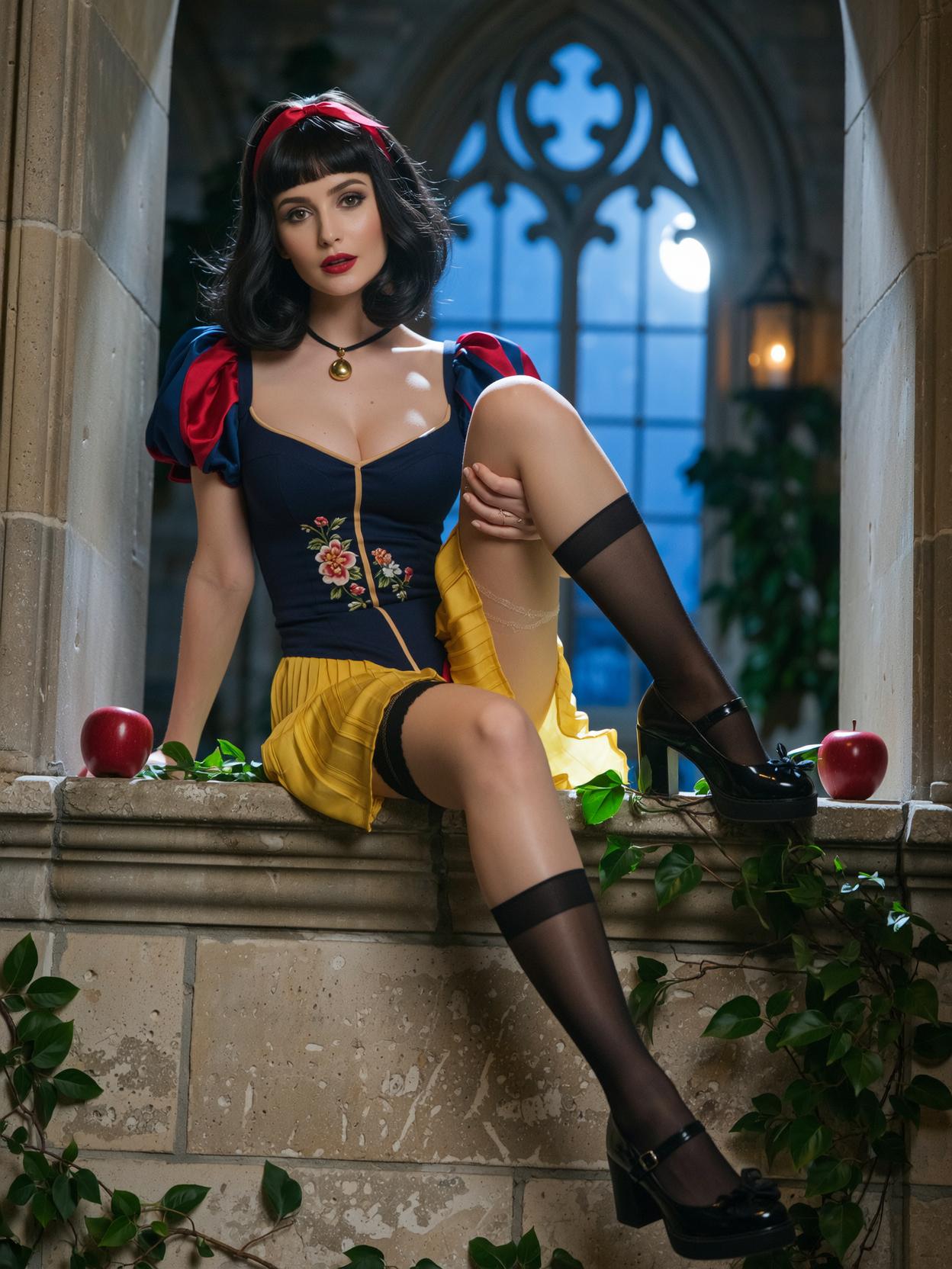 Low-angle three-quarter view — adult Snow White perched on the edge of a gilded baroque vanity, one leg crossed over the other. Porcelain-white skin luminous under warm amber candelabra side light, jet-black voluminous finger waves with blunt side-swept bangs, oversized crimson satin bow headband nestled in dark curls. Heavy-lidded large dark brown eyes lined in smudged kohl, overdrawn crimson lips glossy like wet lacquer, beauty mark above the left lip, rosy blush swept across high cheekbones. Royal blue velvet corset bodice laced tight across a narrow waist, gold cord piping tracing boning seams, fabric compressing full bust into a deep neckline, puffed cap sleeves of slashed red-and-blue satin, white scalloped peter pan collar framing the throat. Golden yellow knife-pleated mini skirt sitting high on wide-set hips, hem barely mid-thigh — a strip of bare pale inner thigh soft and lit, lace-trimmed tops of opaque white thigh-high stockings pressing into plush thigh flesh, subtle skin indent at the elastic edge, Grade-A zettai ryouiki. Red patent leather mary jane heels, ankle strap buckle catching light on the front foot. One hand bracing behind on the cold marble vanity surface, the other resting on the crossed knee, fingers relaxed, crimson nails. Massive gilded ornate mirror behind reflecting her shoulder-and-back silhouette — frame within a frame composition. Dark mahogany-paneled powder room, single candelabra casting directional golden light, deep velvet shadows pooling in fabric folds and under the vanity ledge. Shallow depth of field isolating figure from background, specular highlights on patent leather and lip gloss, subsurface scattering on porcelain skin, chiaroscuro, editorial fashion photography, hyperrealistic rendering, medium format digital 85mm equivalent.