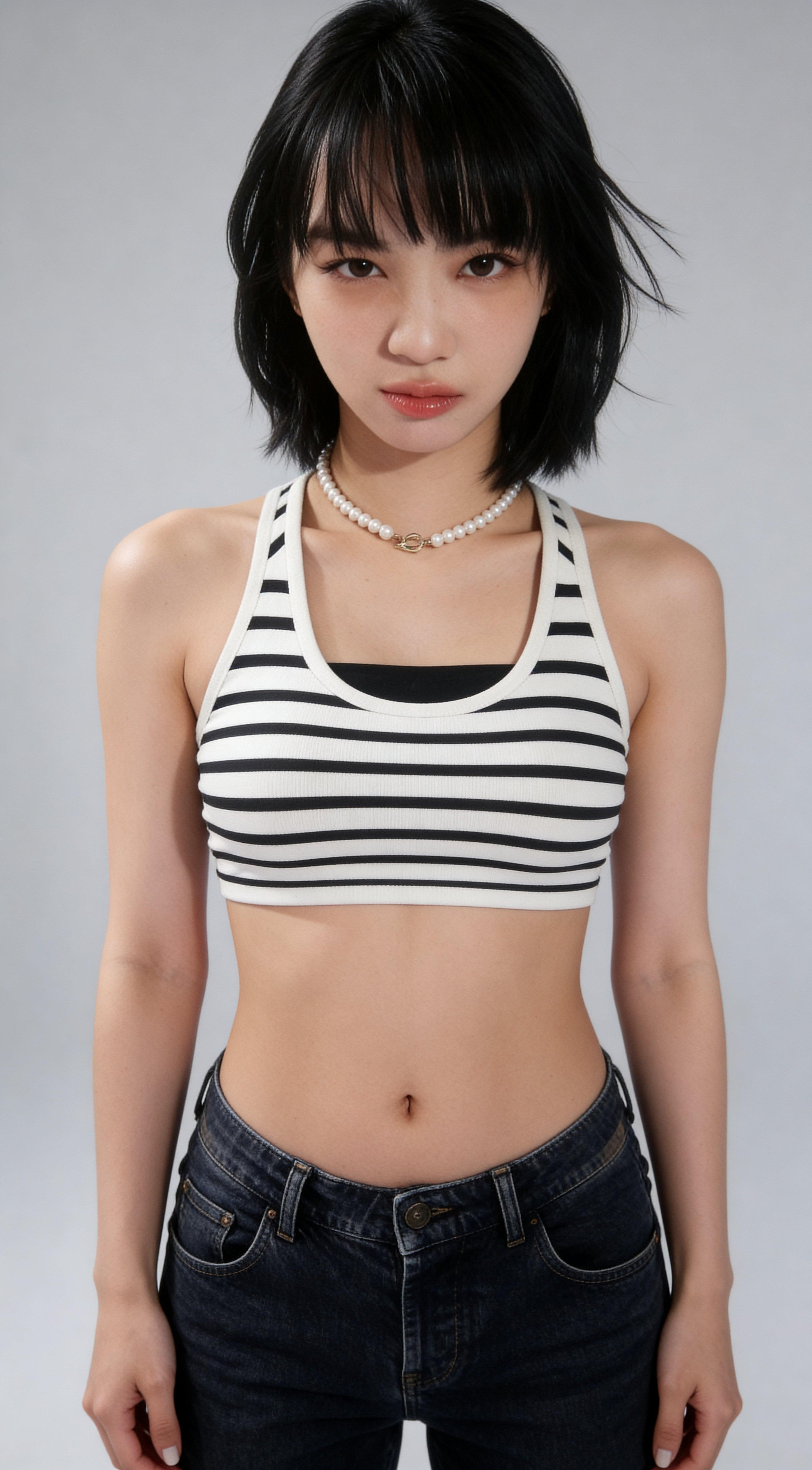9:16 portrait photo, make this girl stand upright with her hands to her side against a light gray background, camera at chest height, full frontal view, her full head, full torso and face and crotch fit in the frame, make her fill the whole frame, make sure to exactly replicate her identity and physical features, (make her at least 25 years old:1.5),  looking straight at camera, both eyes open,  (super-realistic photograph:1.1), (sharp high-resolution photograph:1.3), (highly-detailed face and body:1.5) , remove watermarks  (edited with Seedream 4.5)