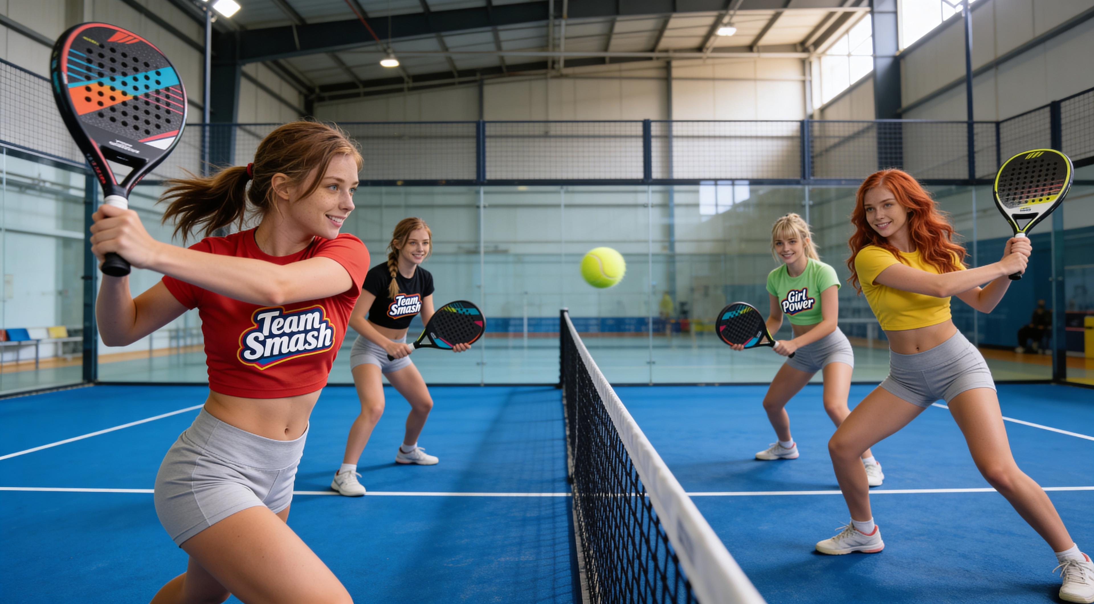 16:9 photo, show me the four girls on an official padel court with a blue floor in a large hall,  side view of the court with the net orthogonally in the middle of the photo, the two girls with the red and black shirt are on the left side of the net, the other two girls on the other side of the net,
they are playing apadel game, the girl with the red shirt is smashing the ball, dynamic scene, realistic padel scene with players in a logical game position,
(Maintain the character’s appearance exactly as in the original image, without changing features or proportions:1.8),
 (edited with Seedream 4.5)