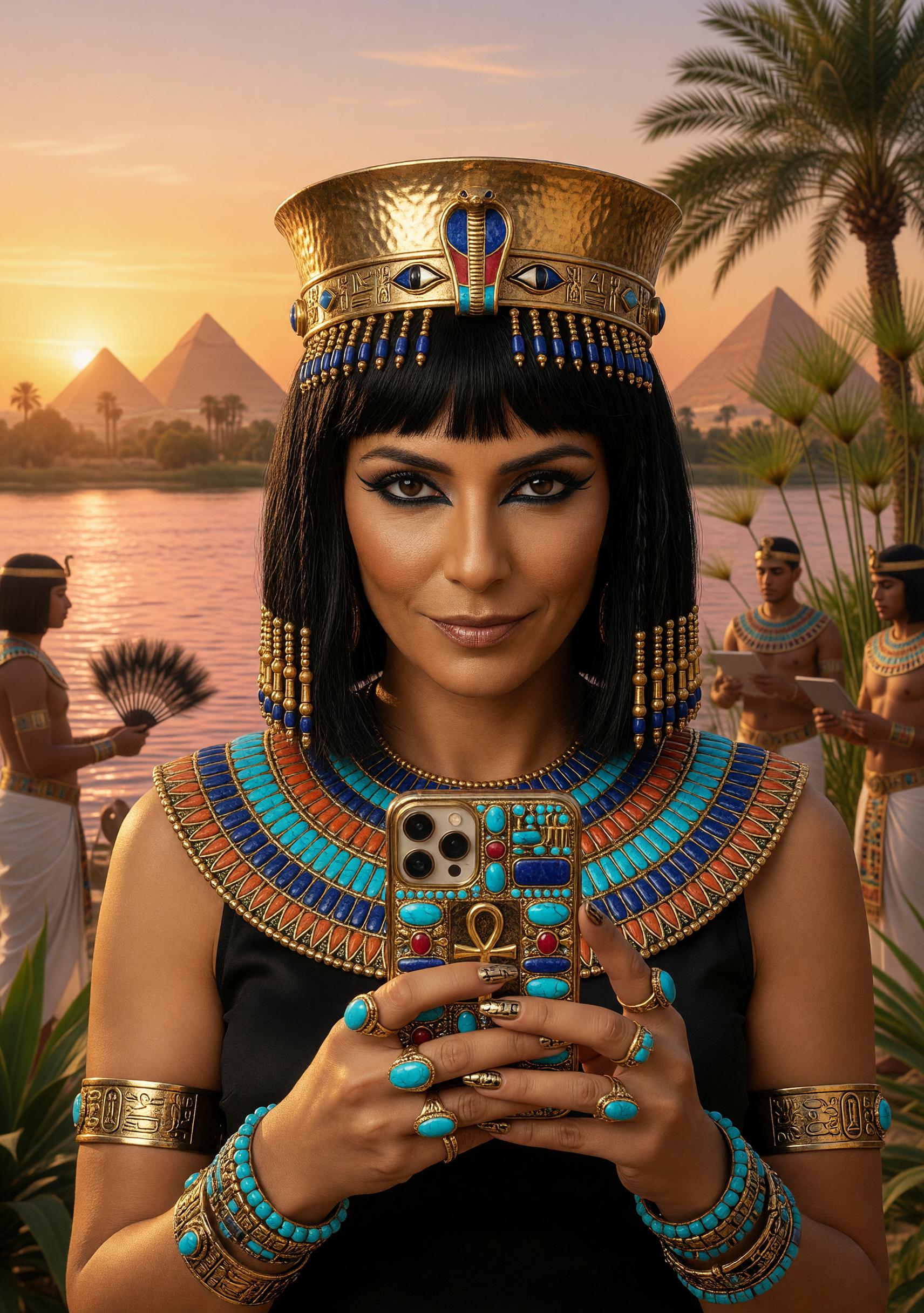 A stunning photorealistic portrait of Cleopatra as a modern influencer, an elegant Egyptian queen with flawless golden-bronze skin, sharp cheekbones, and intense dark brown eyes accentuated by dramatic black kohl eyeliner and long lashes. She wears an ornate golden pharaonic headdress featuring a raised cobra uraeus, intricate engravings, and dangling gold bead strands framing her face, paired with a sleek black bob haircut and straight bangs. Her neck is adorned with a wide, vibrant Egyptian collar necklace inlaid with turquoise, lapis lazuli, carnelian, and gold. She holds a modern gold smartphone encased in elaborate turquoise, lapis, and ruby jewels, gripping it with both hands adorned in multiple gold rings with turquoise stones, gold arm cuffs, and bracelets. The scene is set along the Nile River at golden hour, with shimmering water, lush palm trees, distant pyramids under a bright sun, and blurred ancient attendants in the background, warm cinematic lighting, ultra-realistic textures, 8k detail, National Geographic photography style, anachronistic blend of ancient Egypt and contemporary technology.