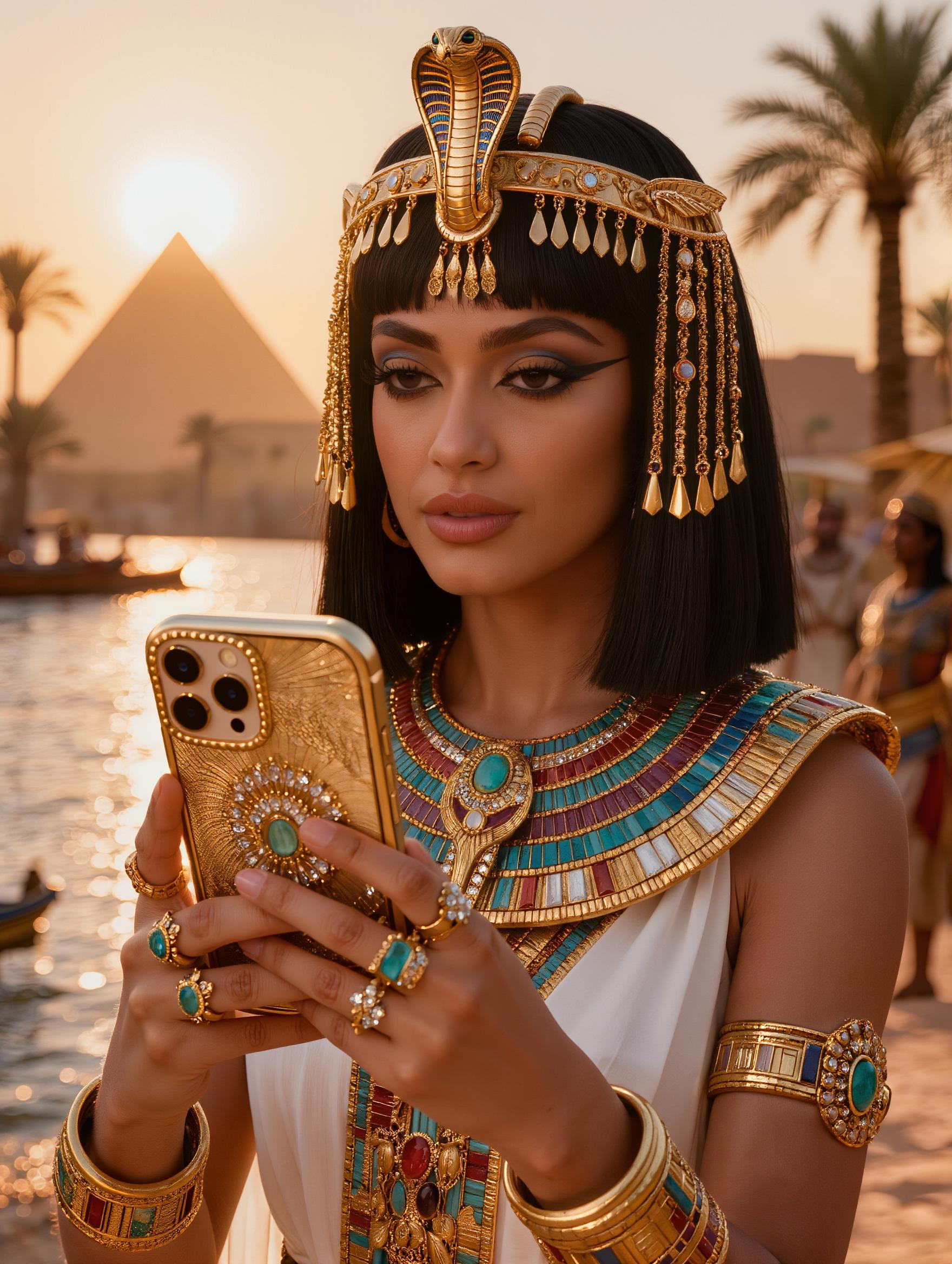 A stunning photorealistic portrait of Cleopatra as a modern influencer, an elegant Egyptian queen with flawless golden-bronze skin, sharp cheekbones, and intense dark brown eyes accentuated by dramatic black kohl eyeliner and long lashes. She wears an ornate golden pharaonic headdress featuring a raised cobra uraeus, intricate engravings, and dangling gold bead strands framing her face, paired with a sleek black bob haircut and straight bangs. Her neck is adorned with a wide, vibrant Egyptian collar necklace inlaid with turquoise, lapis lazuli, carnelian, and gold. She holds a modern gold smartphone encased in elaborate turquoise, lapis, and ruby jewels, gripping it with both hands adorned in multiple gold rings with turquoise stones, gold arm cuffs, and bracelets. The scene is set along the Nile River at golden hour, with shimmering water, lush palm trees, distant pyramids under a bright sun, and blurred ancient attendants in the background, warm cinematic lighting, ultra-realistic textures, 8k detail, National Geographic photography style, anachronistic blend of ancient Egypt and contemporary technology.