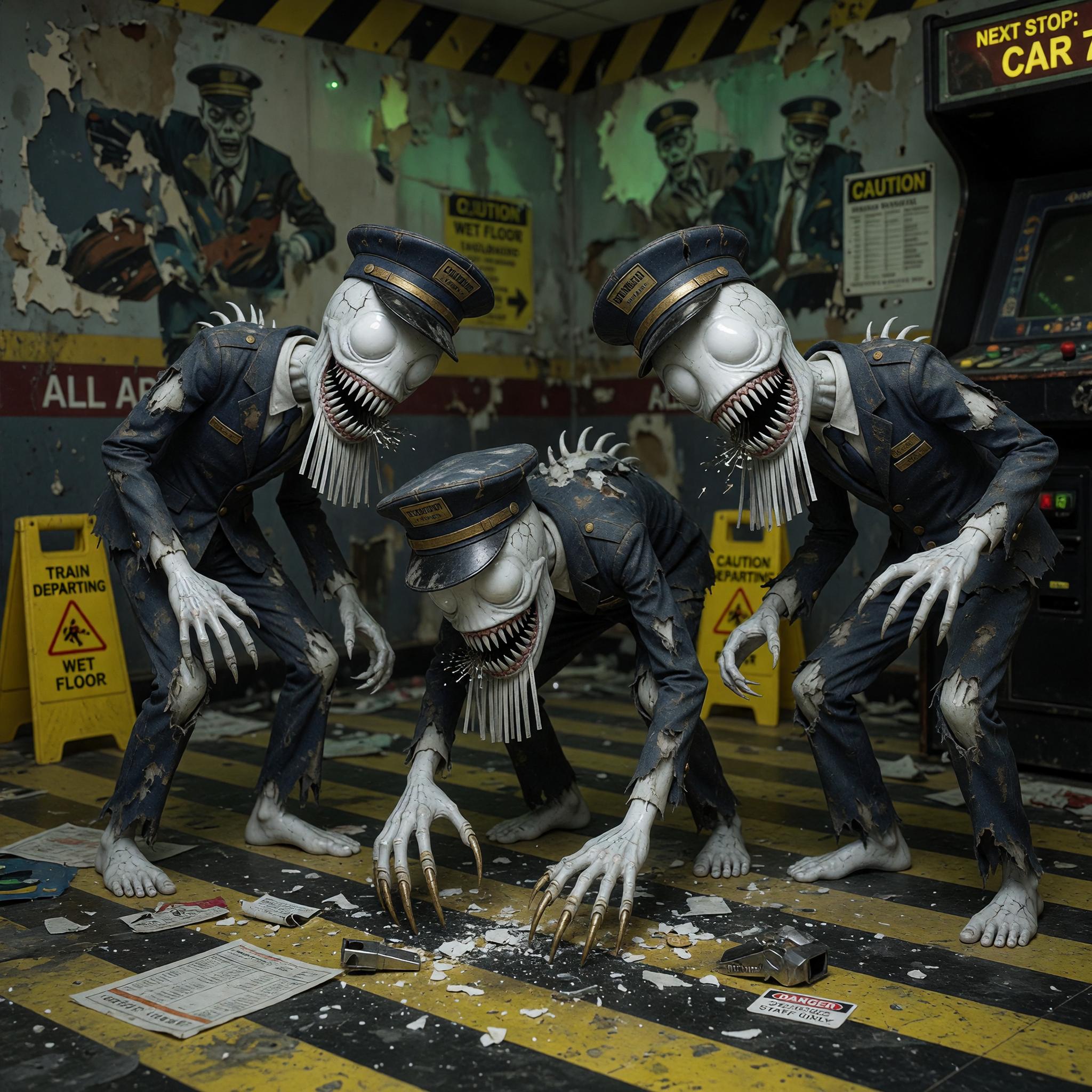hunched, emaciated white creatures in tattered conductor suits and janitor hats, their serrated nails and chattering shredder mouths marking them as deadly hazards. Their design emphasizes grotesque, porcelain-clinking menace tailored to the train-themed floor.