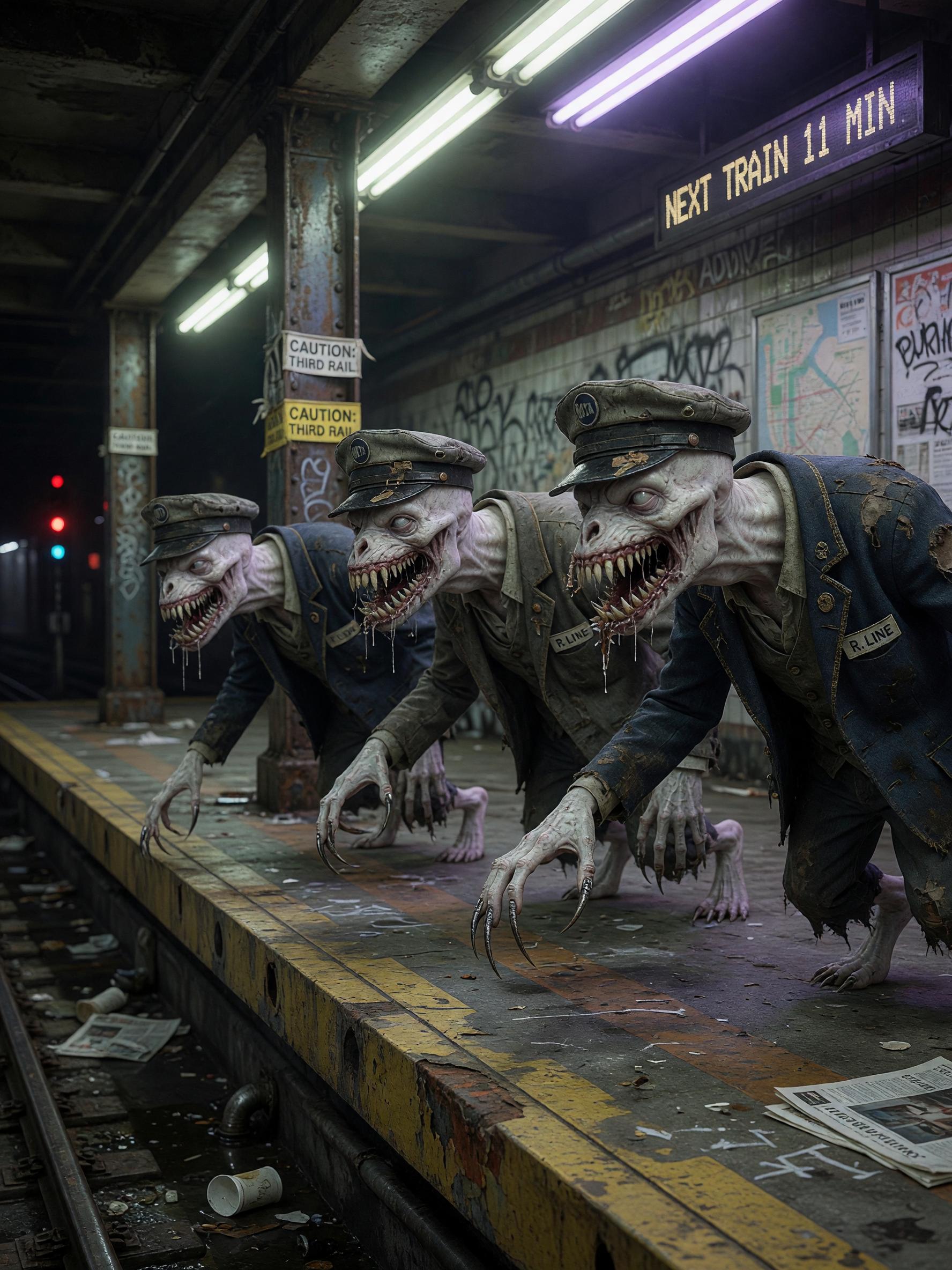 Hunched and emaciated white creatures prowl forward with predatory intent across the worn concrete and steel rails of a dimly lit subway platform, their skeletal frames clad in tattered conductor suits and grease-stained janitor hats. Serrated nails extend from bony fingers while shredder mouths chatter with a porcelain-clinking menace, every cracked pale surface and frayed fabric detail emphasizing their grotesque, rail-themed horror. Cold fluorescent lighting mixed with deep shadows accentuates the wet textures of their skin and the metallic glint of their claws against rusted train fixtures, rendered in photorealistic detail with shallow depth of field.