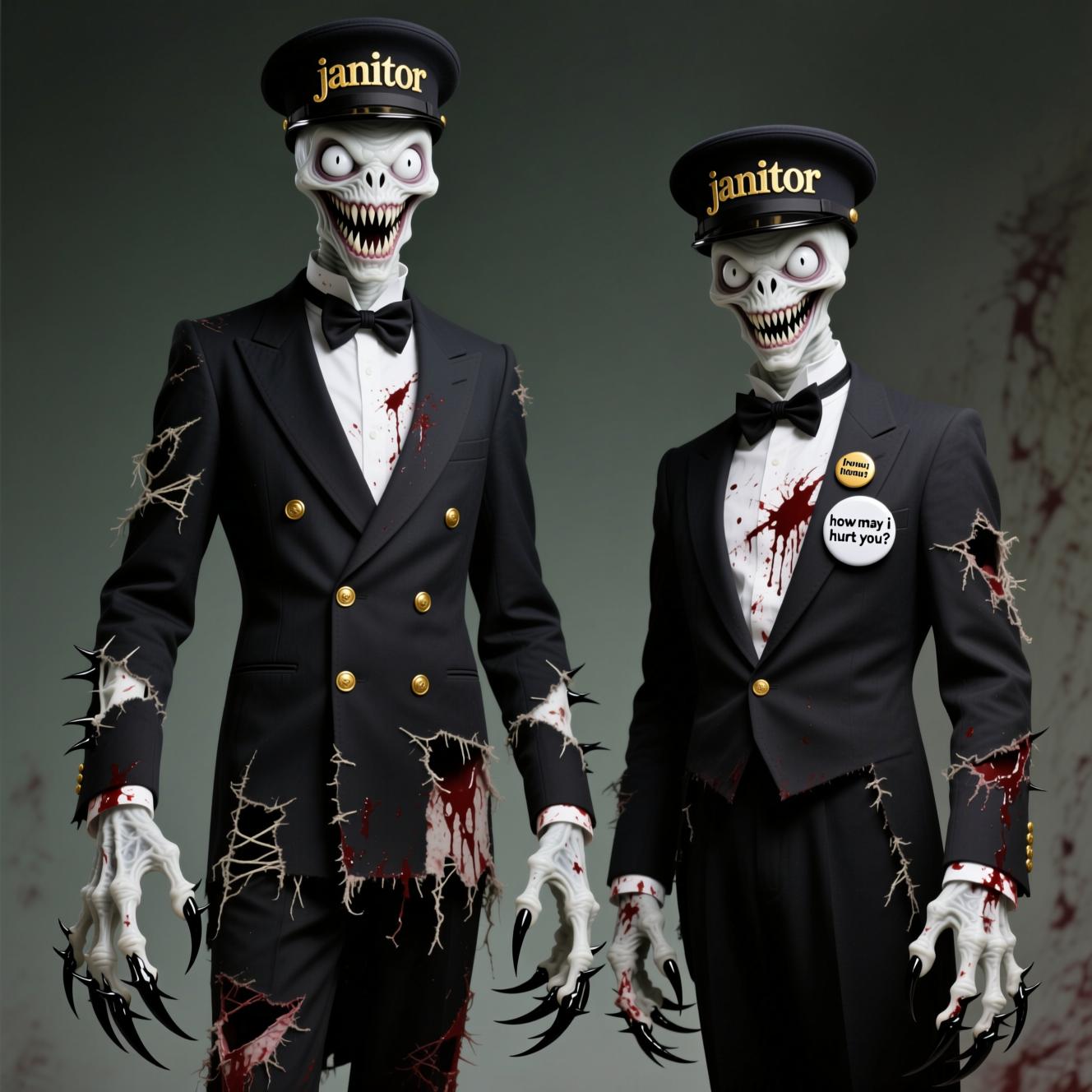 A white emaciated creature that's 7 feet tall with arms that drag to the ground with serrated black fingernails that clink like porcelain. the face is all sharp teeth with bulging white eyes. the creatures are wearing tattered threadbare double-breasted suits with golden buttons. under the dark suits are white blood-splattered dress shirts. one has a bow tie both are wearing conductor style hats with golden letters across that read "janitor". the one without the bow tie has a pin back button on his breast that reads "how may i hurt you?".