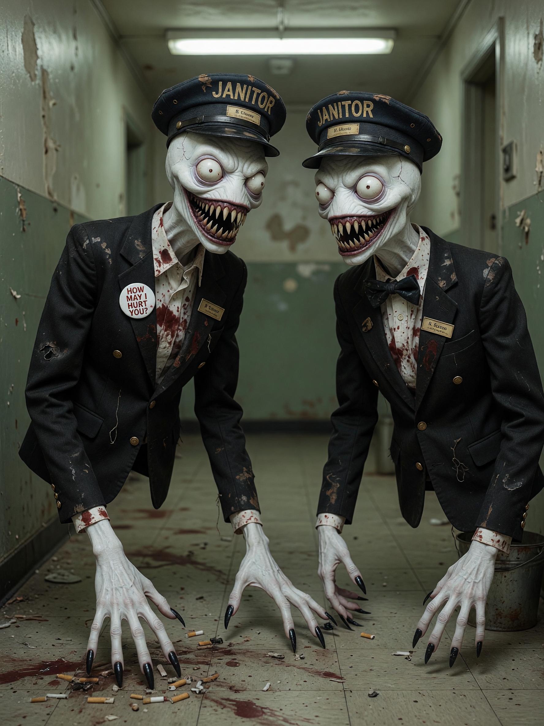 A white emaciated creature that's 7 feet tall with arms that drag to the ground with serrated black fingernails that clink like porcelain. the face is all sharp teeth with bulging white eyes. the creatures are wearing tattered threadbare double-breasted suits with golden buttons. under the dark suits are white blood-splattered dress shirts. one has a bow tie both are wearing conductor style hats with golden letters across that read "janitor". the one without the bow tie has a pin back button on his breast that reads "how may i hurt you?".