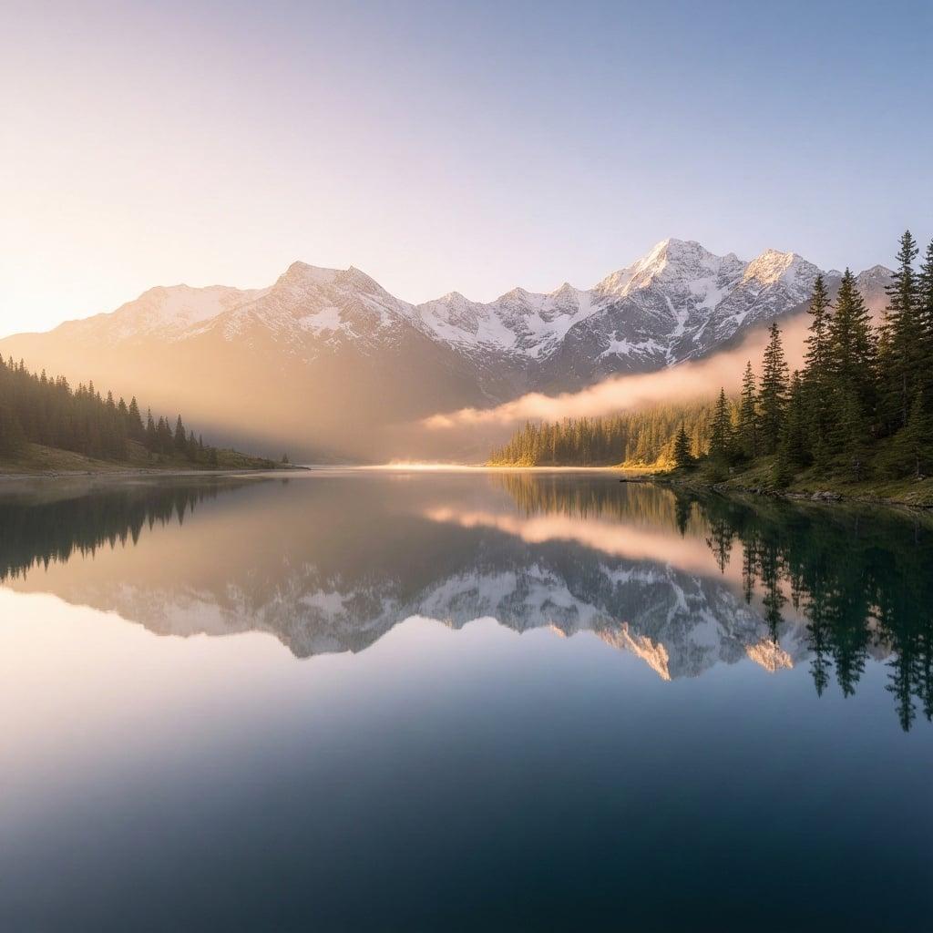 A serene mountain lake at sunrise, mirror-still water reflecting snow-capped peaks, soft golden light, ultra-detailed landscape photography