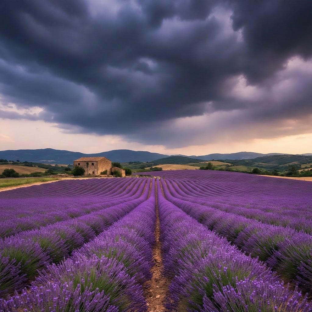 a field of lavender under a dramatic cloudy sky, rolling hills to the horizon