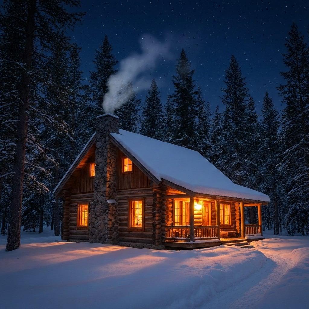 a cozy log cabin in a snowy pine forest, warm light glowing in the windows at night