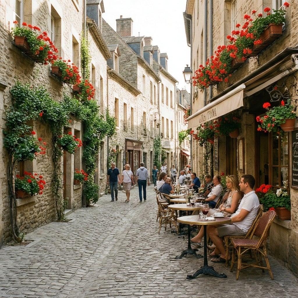 a charming European cobblestone street with cafe tables and flower boxes