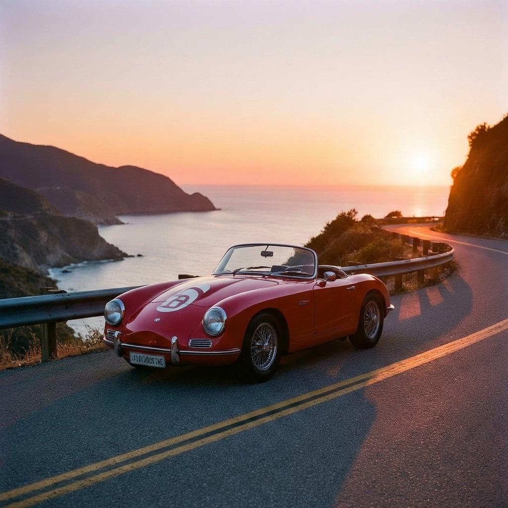 a classic sports car parked on a scenic coastal mountain road at sunset