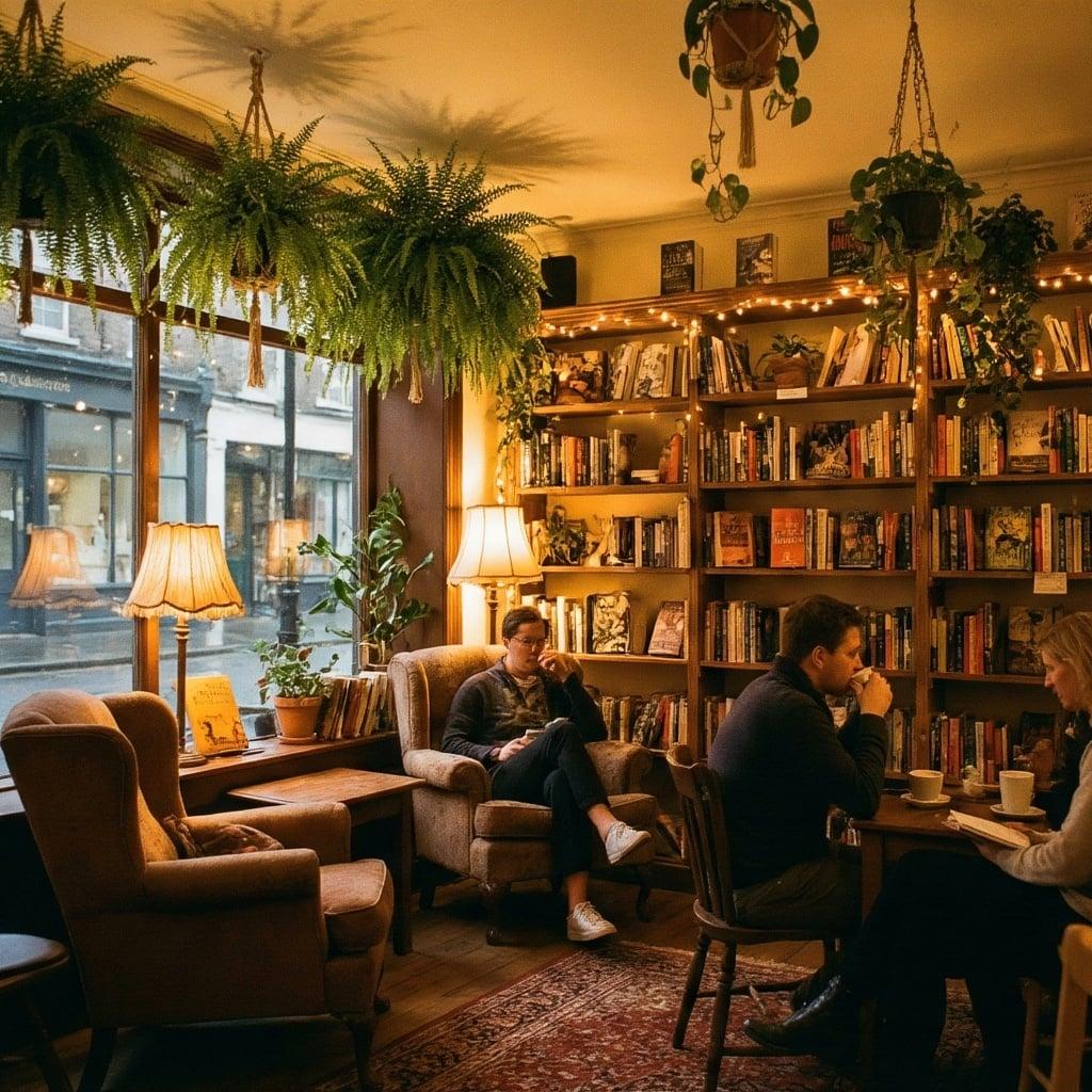 a cozy bookstore cafe interior, warm lighting, hanging plants, wooden shelves