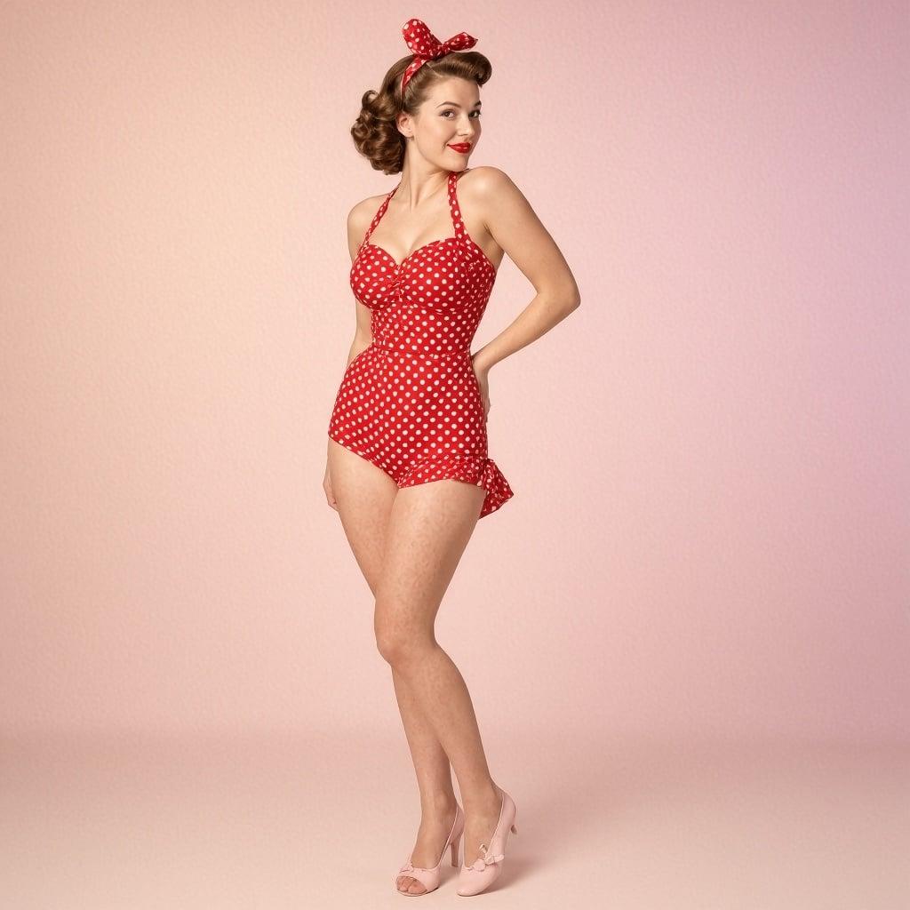 Glamour pinup of a woman in her late 20s in a retro polka-dot swimsuit, 1950s styling, playful pose, soft pastel backdrop, vintage Hollywood lighting, crisp detail, photorealistic