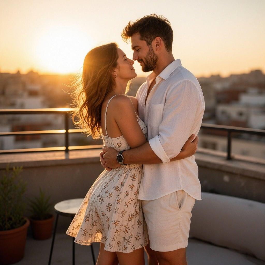 Sun-drenched lifestyle portrait of an attractive adult couple in their late 20s embracing on a rooftop at sunset, stylish summer outfits, candid romantic mood, warm cinematic light, photorealistic