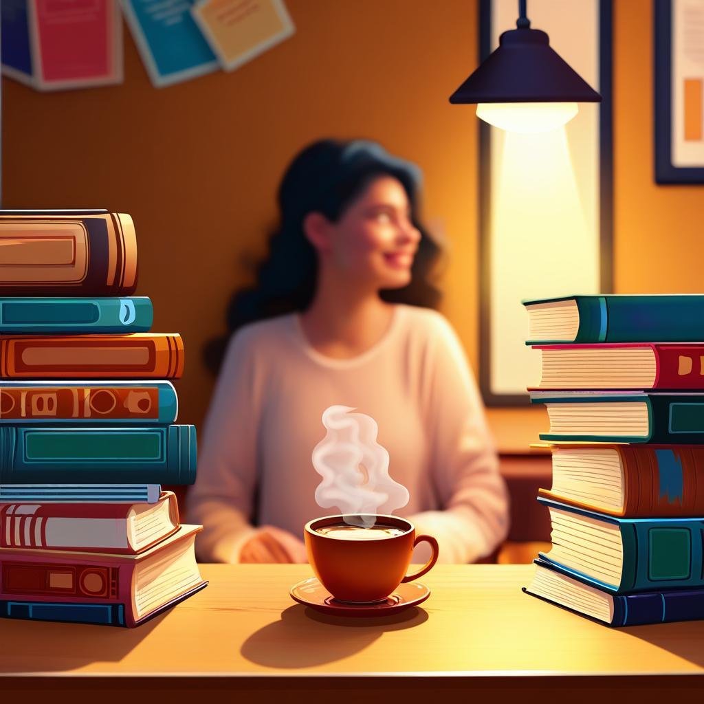 A cozy bookstore cafe interior, warm lamplight, tall stacks of books, a steaming cup of coffee on a wooden table, inviting atmosphere