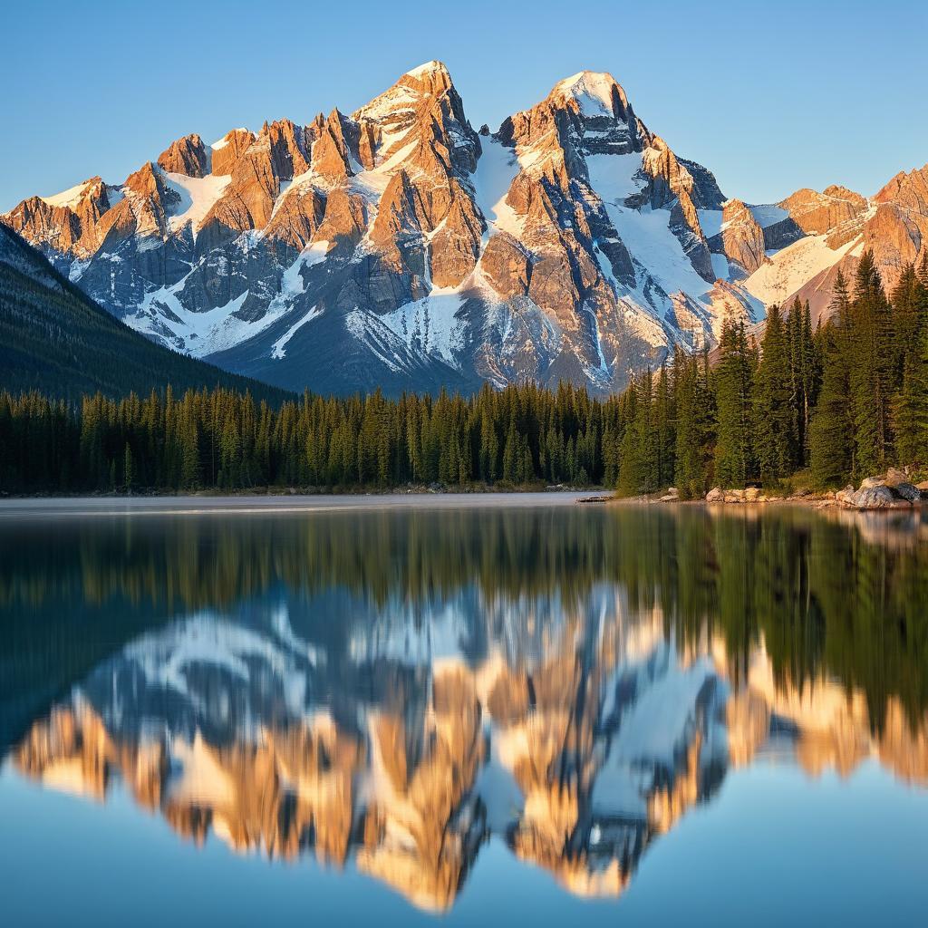 A serene mountain lake at sunrise, mirror-still water reflecting snow-capped peaks, soft golden light, ultra-detailed landscape photography