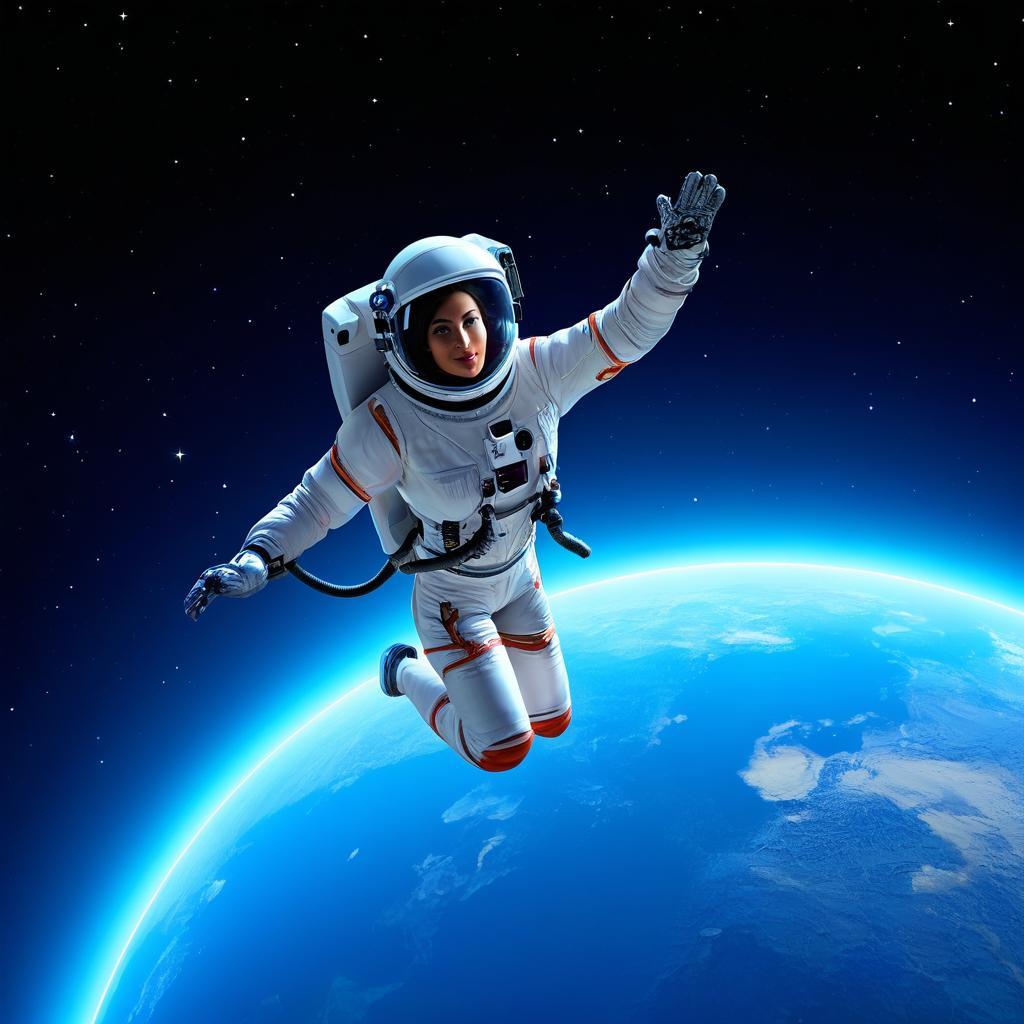 An astronaut floating above Earth, the blue planet glowing below, scattered stars across deep space, photorealistic