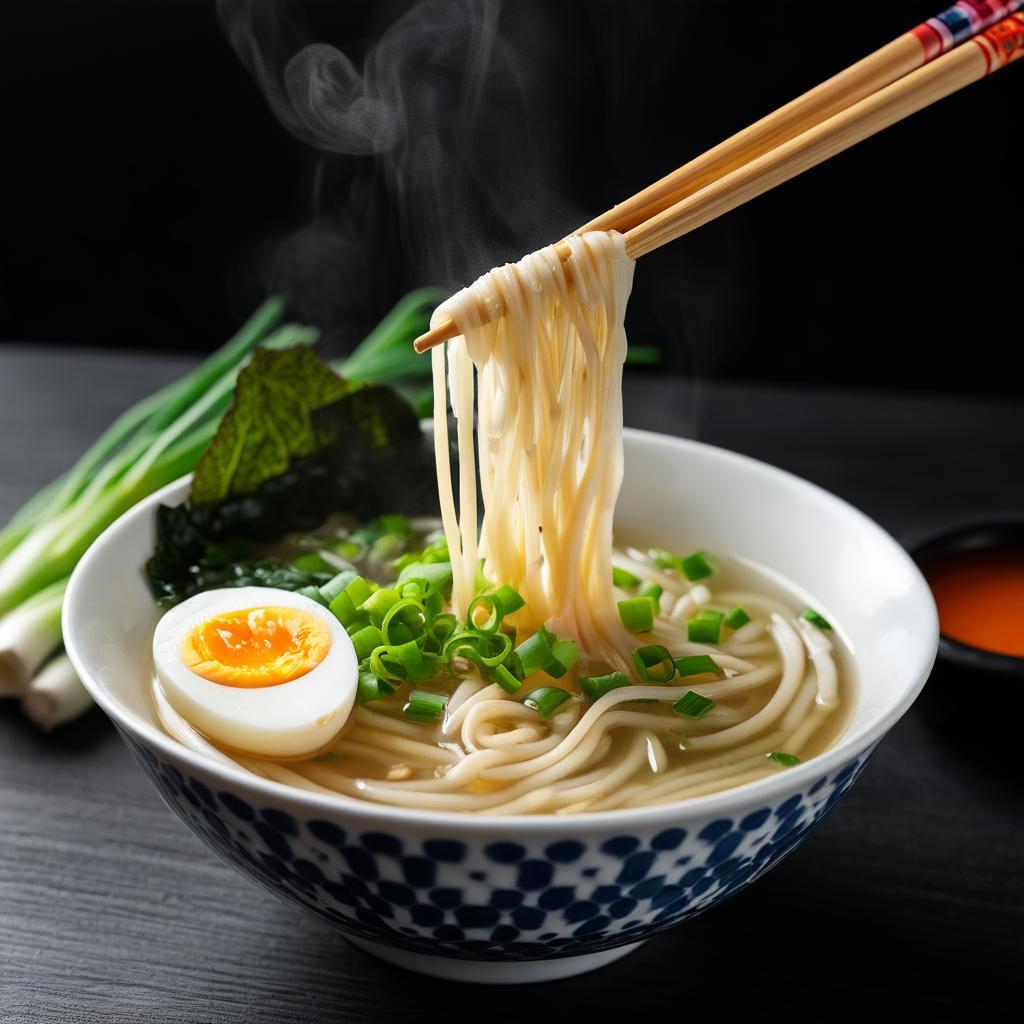 A bowl of fresh ramen with a soft-boiled egg and green onions, steam rising, top-down food photography, appetizing