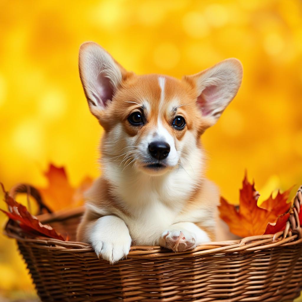 A cute corgi puppy sitting in a basket of autumn leaves, warm golden light, adorable pet portrait