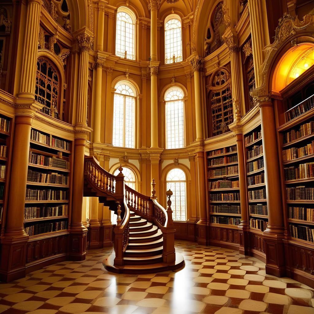 A grand library with towering bookshelves and spiral staircases, warm golden light through tall windows