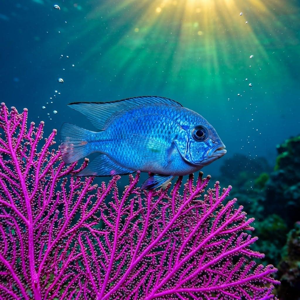 A vibrant tropical coral reef teeming with colorful fish, crystal-clear turquoise water, sun rays filtering down, underwater photography
