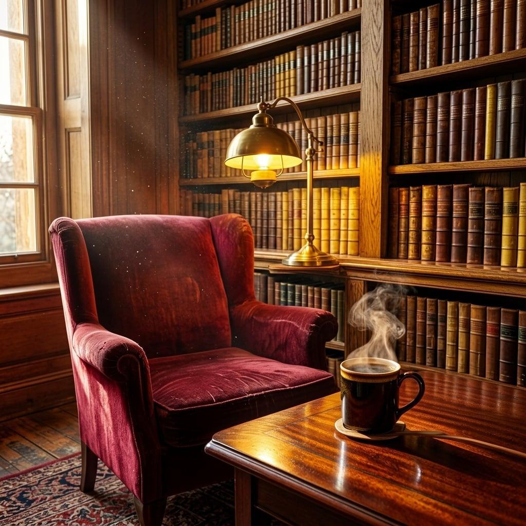 A cozy bookstore cafe interior, warm lamplight, tall stacks of books, a steaming cup of coffee on a wooden table, inviting atmosphere