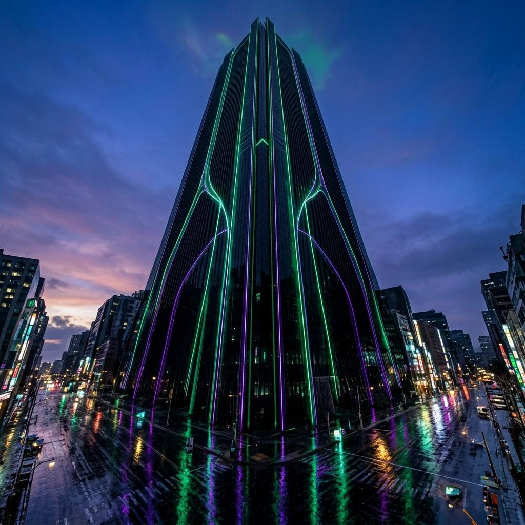 A futuristic city skyline at dusk, sleek glass towers, soft neon accents reflecting on wet streets, cinematic sci-fi concept art
