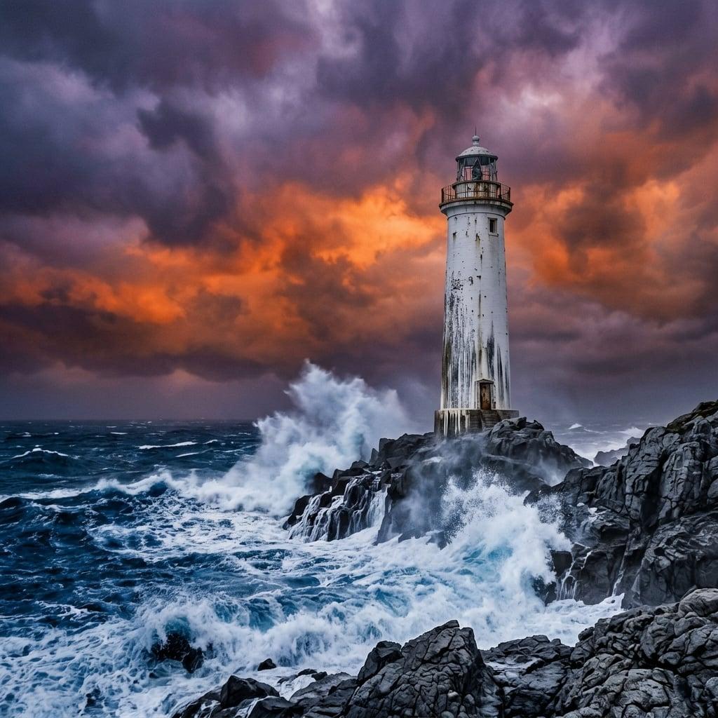 A lone lighthouse on a rocky coast during a stormy sunset, crashing waves, dramatic sky, moody seascape