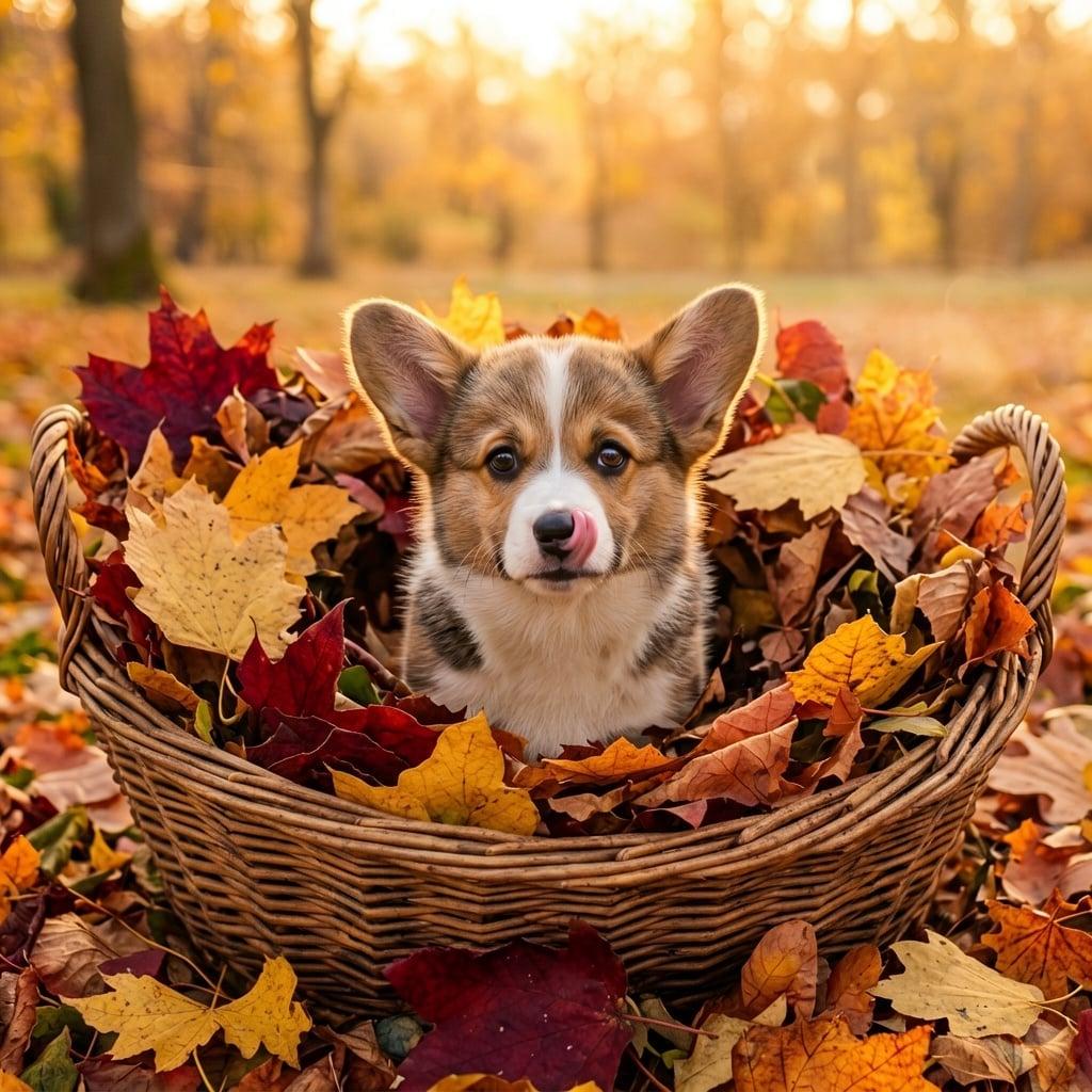 A cute corgi puppy sitting in a basket of autumn leaves, warm golden light, adorable pet portrait