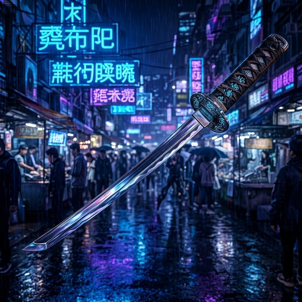 A cyberpunk street market at night, holographic signs, rain-slicked pavement, vibrant neon, atmospheric