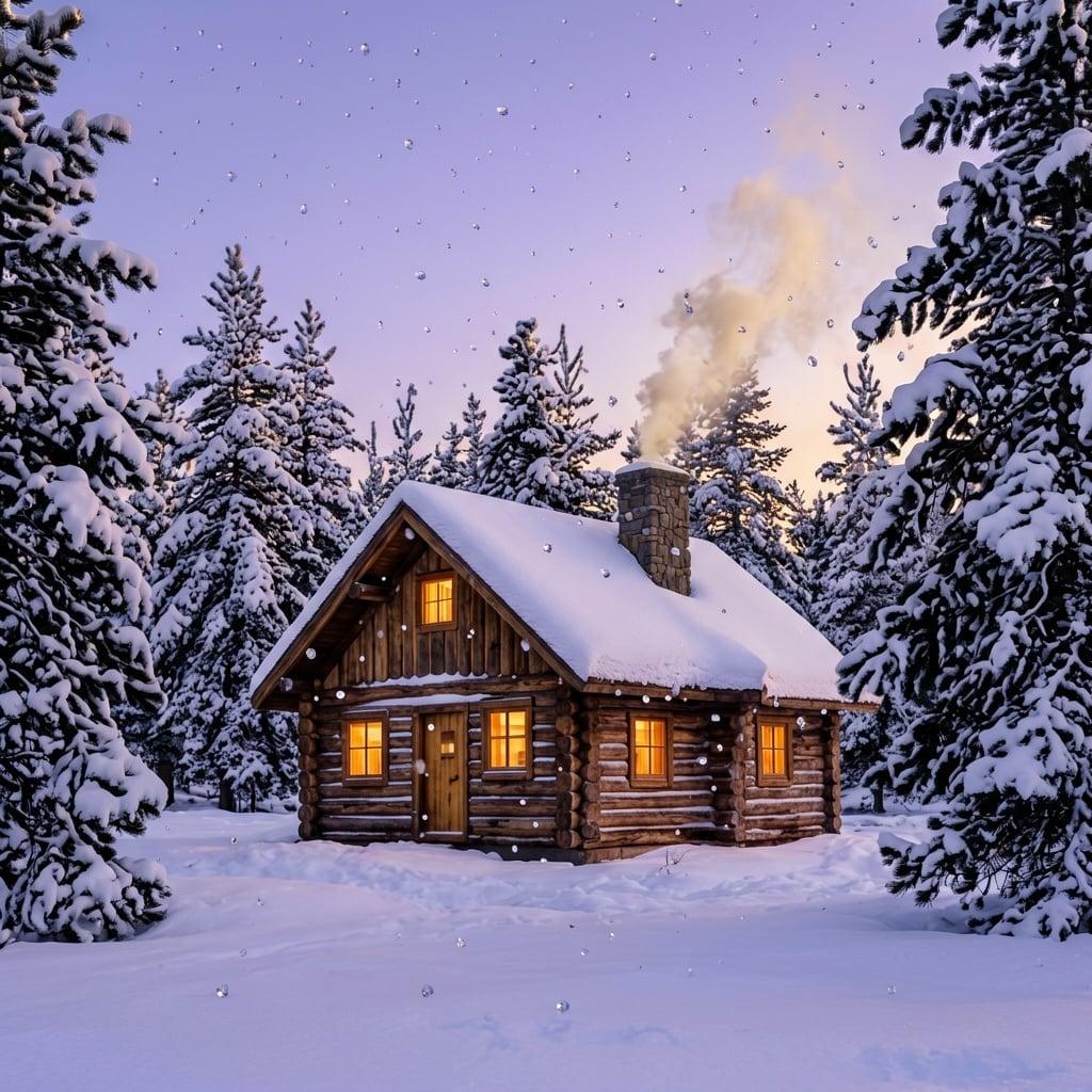 A cozy winter cabin glowing warmly in a snowy pine forest at twilight, smoke curling from the chimney, magical