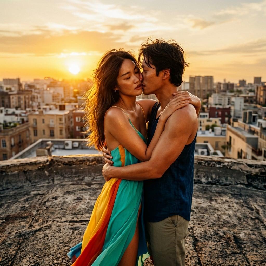 Sun-drenched lifestyle portrait of an attractive adult couple in their late 20s embracing on a rooftop at sunset, stylish summer outfits, candid romantic mood, warm cinematic light, photorealistic