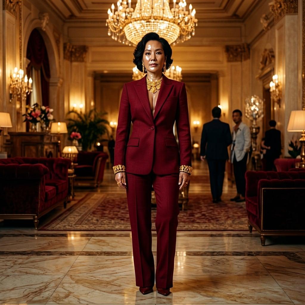 Glamour fashion portrait of an adult woman in a tailored crimson power suit with statement gold jewelry, confident pose in a luxury hotel lobby, warm cinematic lighting, high-fashion editorial, fully clothed, photorealistic