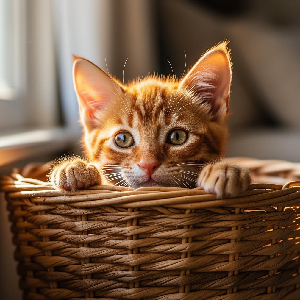 An orange tabby kitten peeking out of a wicker basket, soft window light